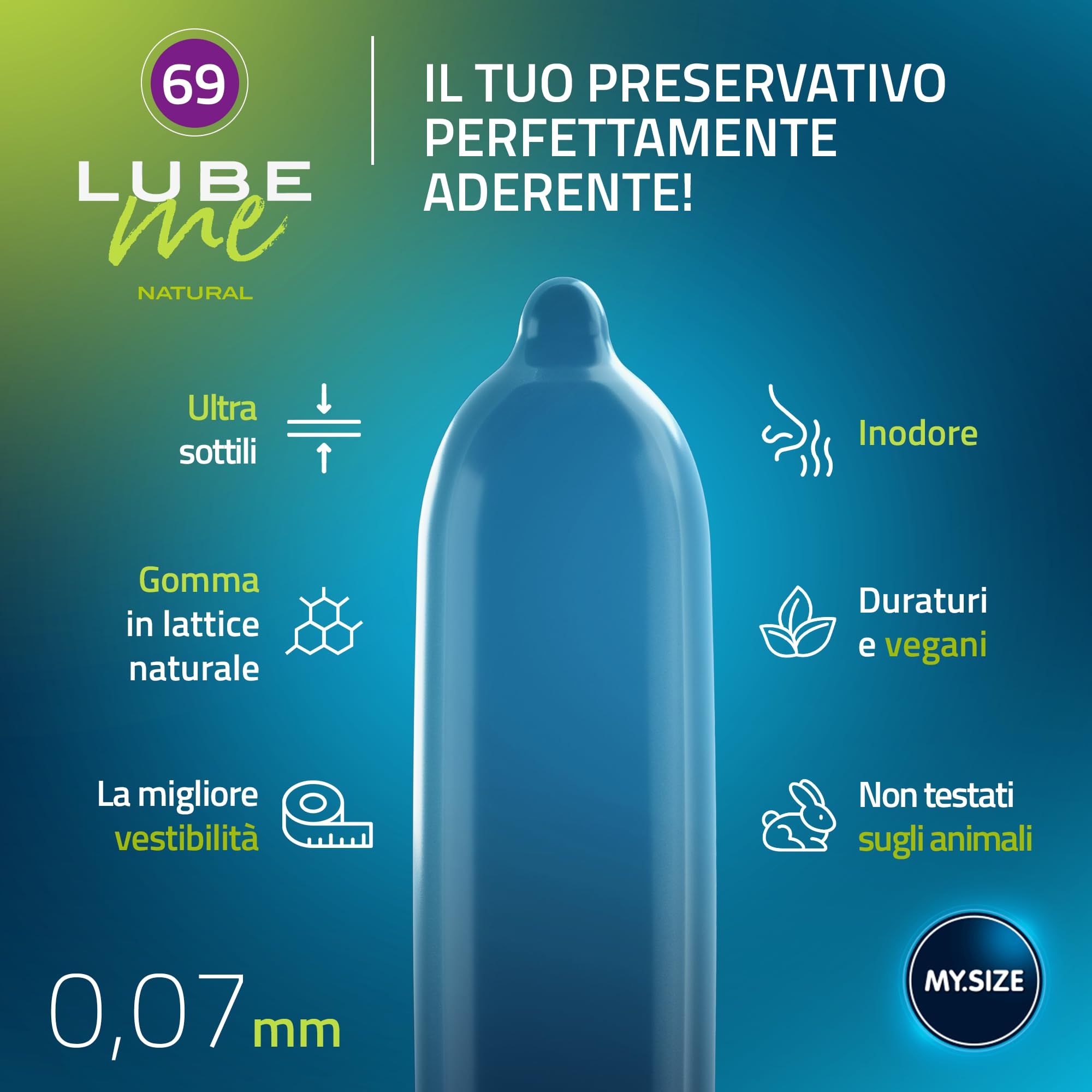 Preservativo MY.SIZE blu con icone per caratteristiche: sottile, inodore, vegan.