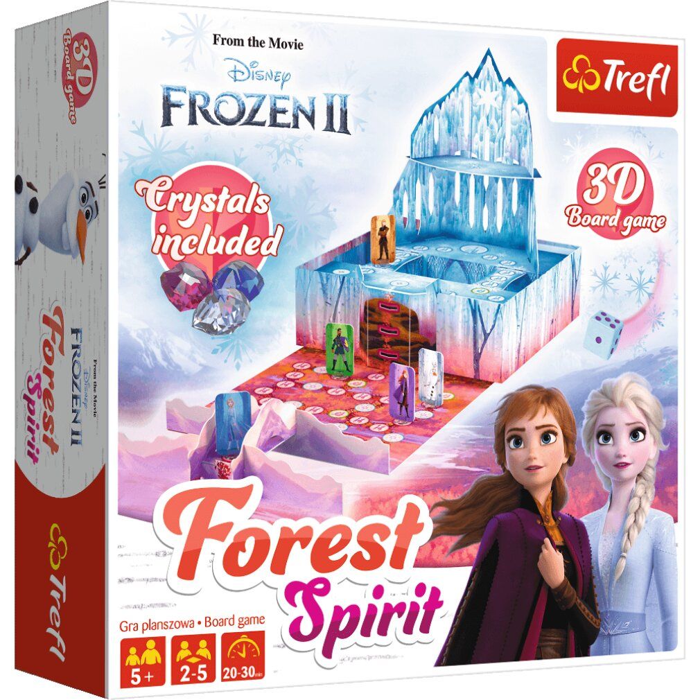 Scatola del gioco da tavolo "Forest Spirit" con motivi di Frozen. Include elementi 3D e cristalli. Marchio Trefl visibile.