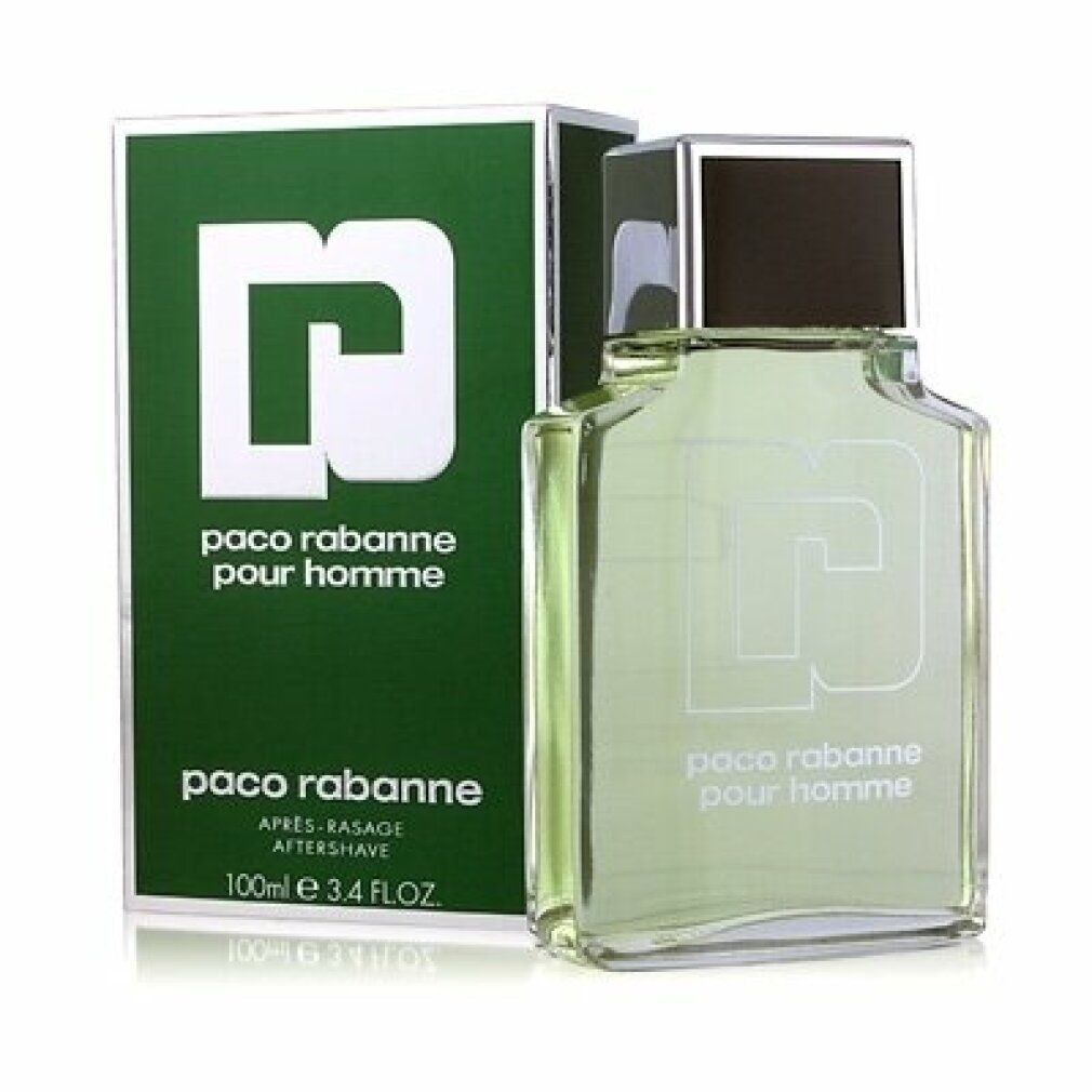 Confezione verde e flacone di vetro verde. Scritta: paco rabanne pour homme. Logo: grande 'P'. Lotion Après-Rasage.