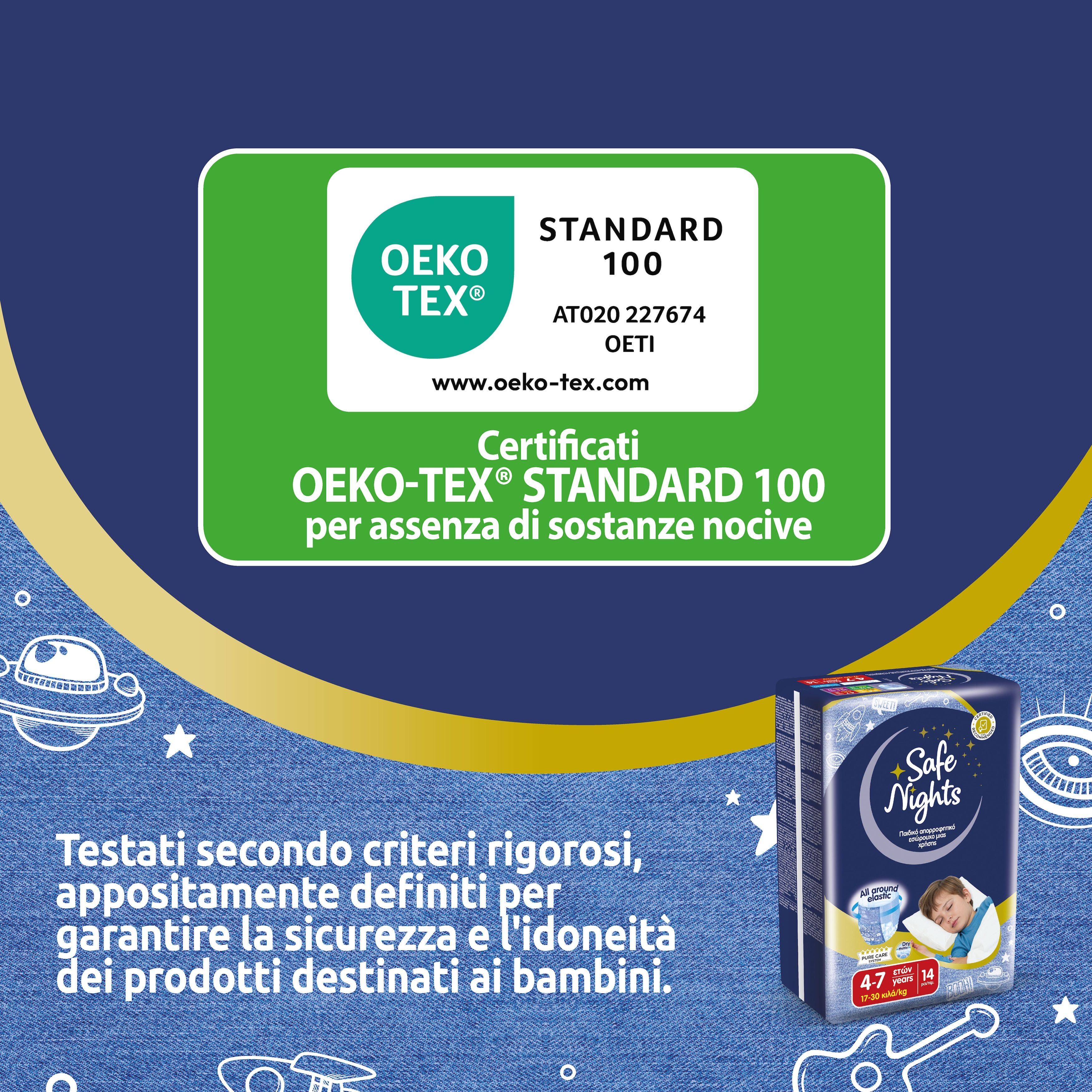 Confezione Babylino Safe Nights. Certificazione Oeko-Tex Standard 100. Testo in italiano. Sfondo blu.