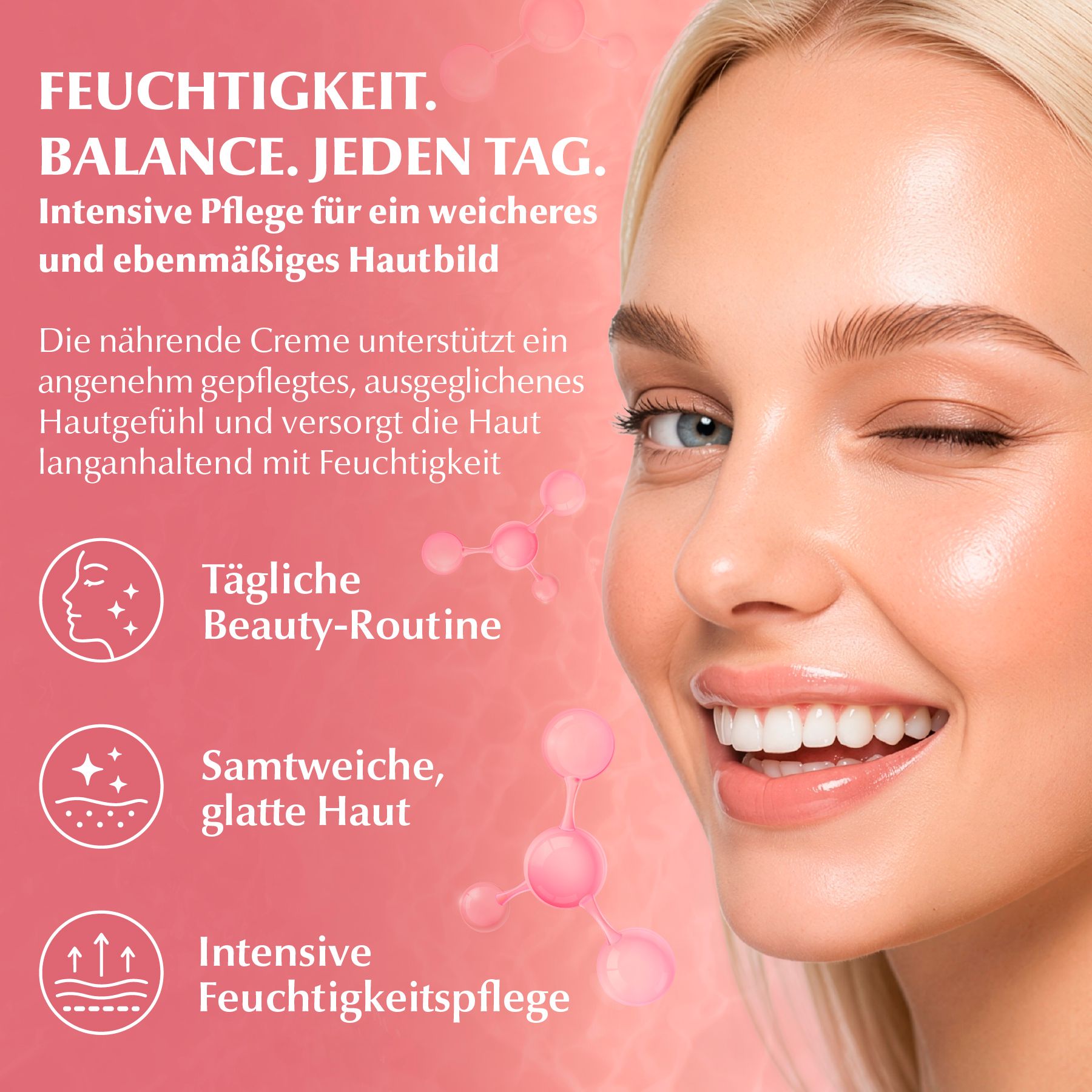 Donna con pelle luminosa, testo sull'idratazione e la routine di bellezza quotidiana.