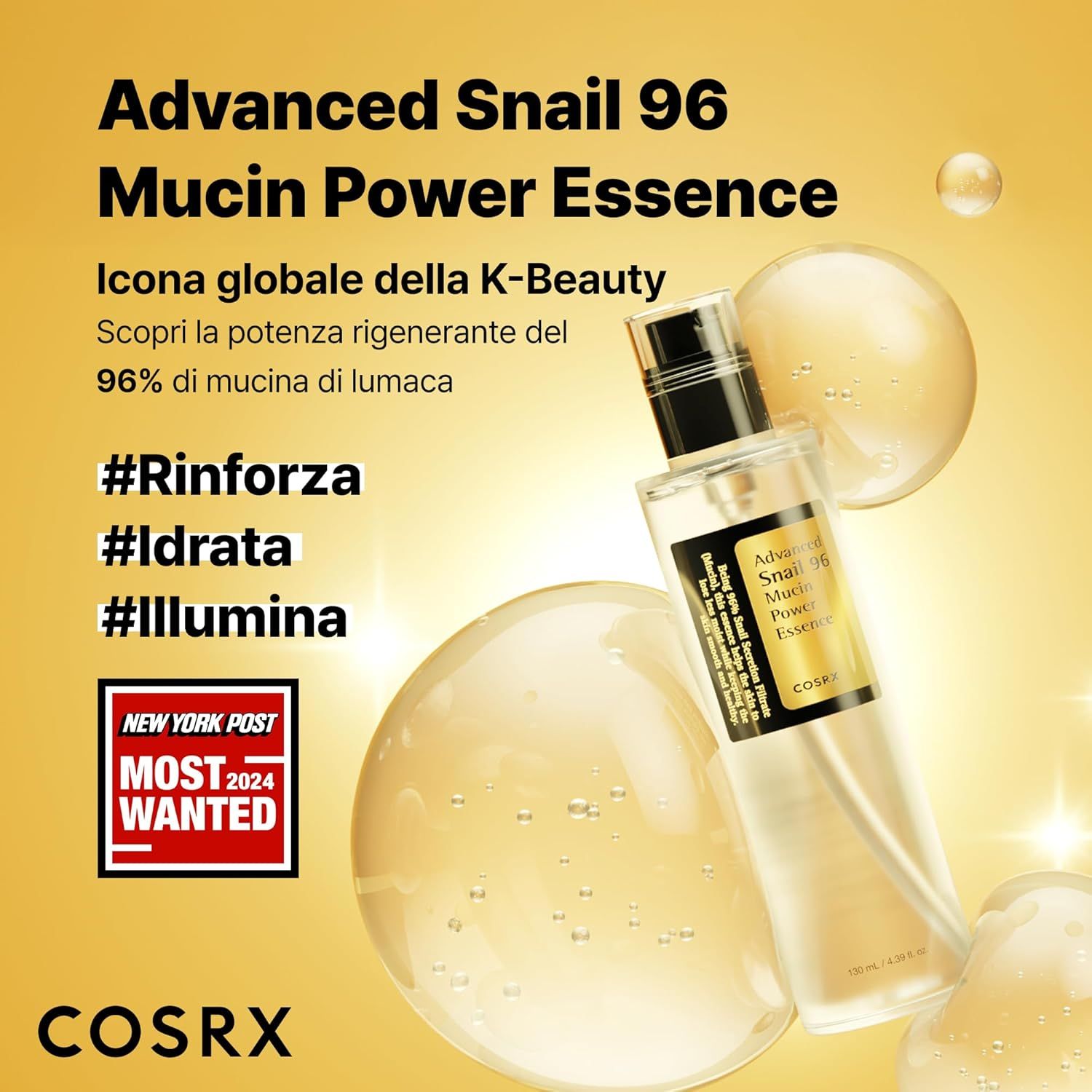 Flacone con testo: Advanced Snail 96 Mucin Power Essence. Riconoscimento. COSRX.