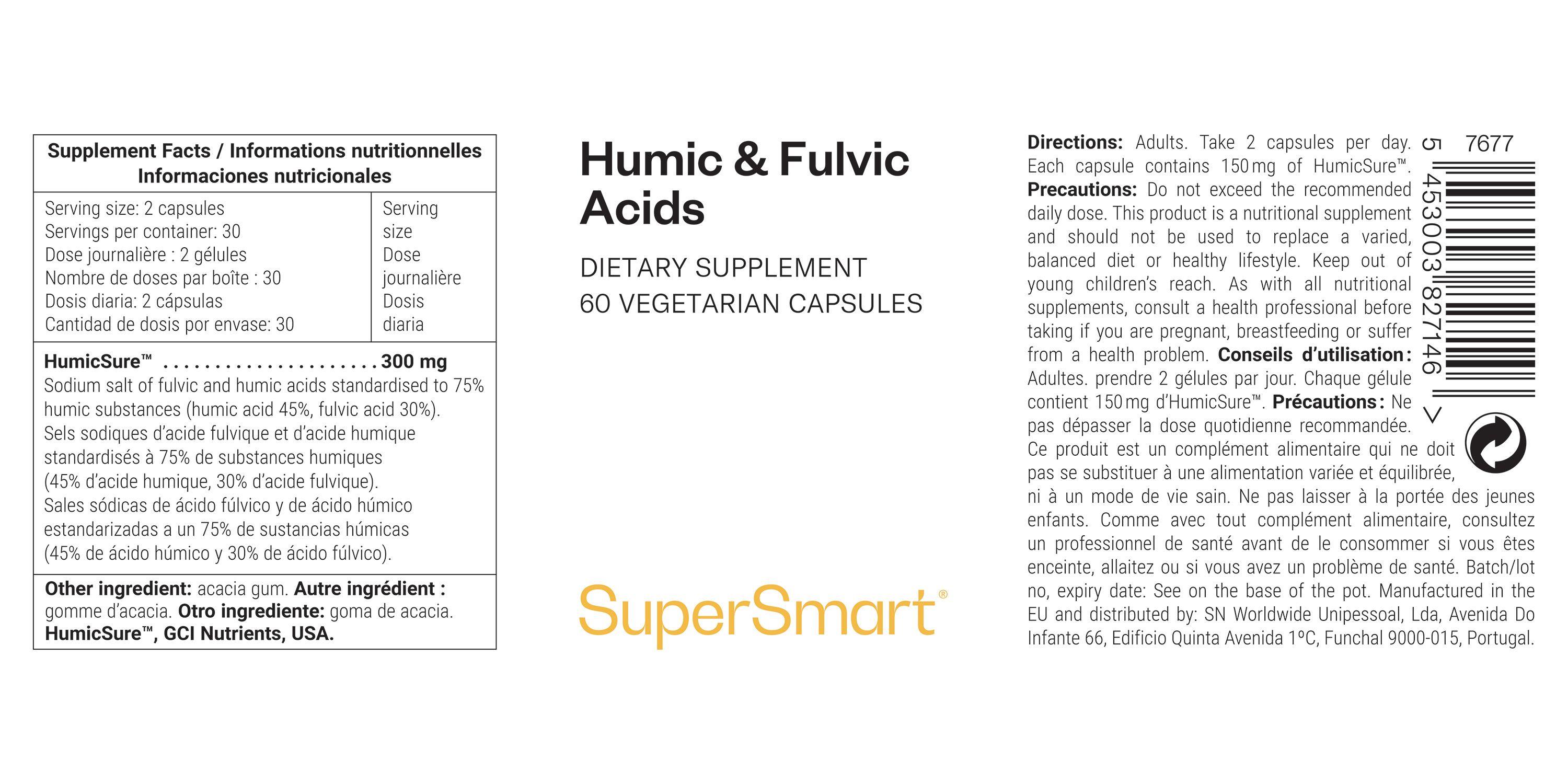 Etichetta di Humic & Fulvic Acids. Informazioni sugli ingredienti, dosaggio e produttore SuperSmart. Capsule vegetariane.