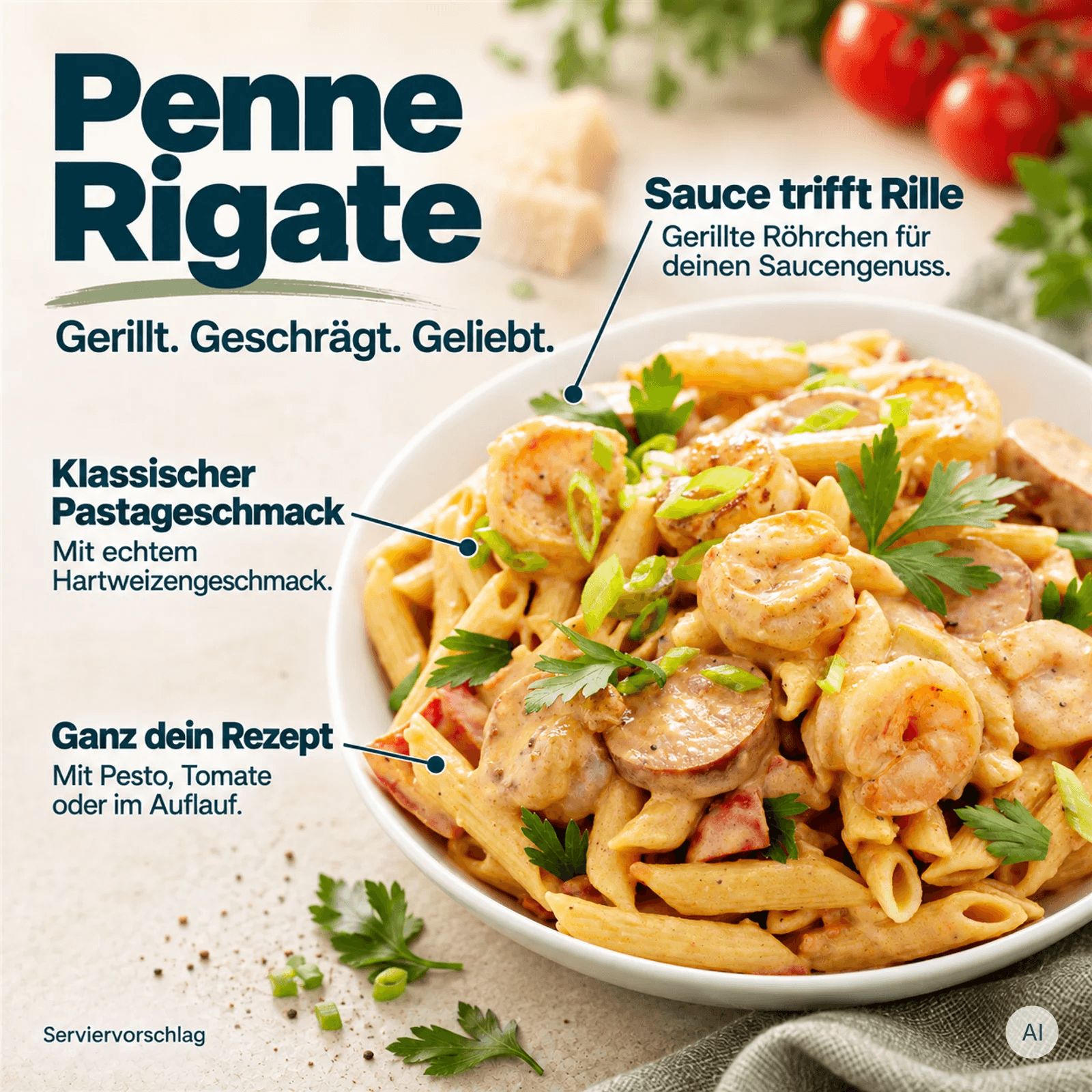 Pasta Penne Rigate cotta con salsa di pomodoro, parmigiano e basilico su un piatto.