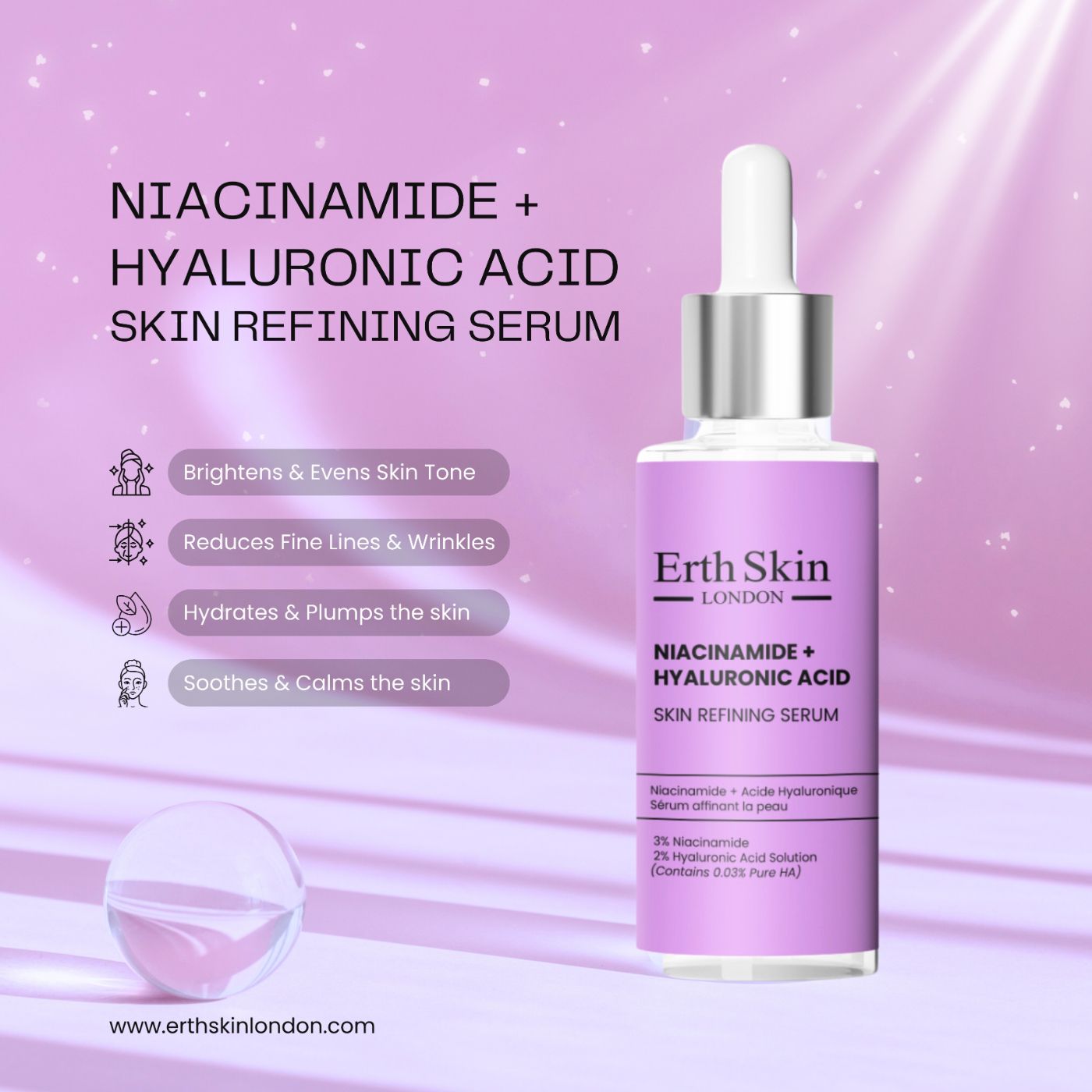 Flacone di siero con pipetta. Scritta: Niacinamide + Acido Ialuronico. Etichetta viola. Contiene il 3% di Niacinamide. Con illustrazioni.