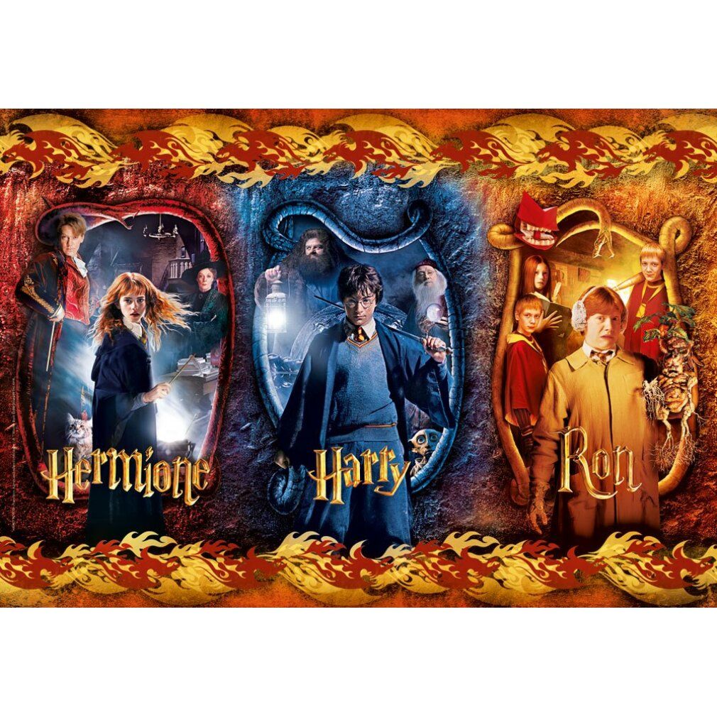 Puzzle con Harry, Ron e Hermione. 104 pezzi. Immagine dei tre personaggi. Logo Clementoni.