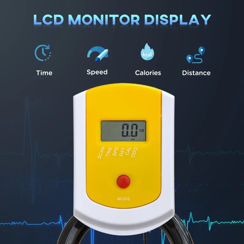 Monitor LCD con visualizzazione di tempo, velocità, calorie e distanza. Pulsante rosso.
