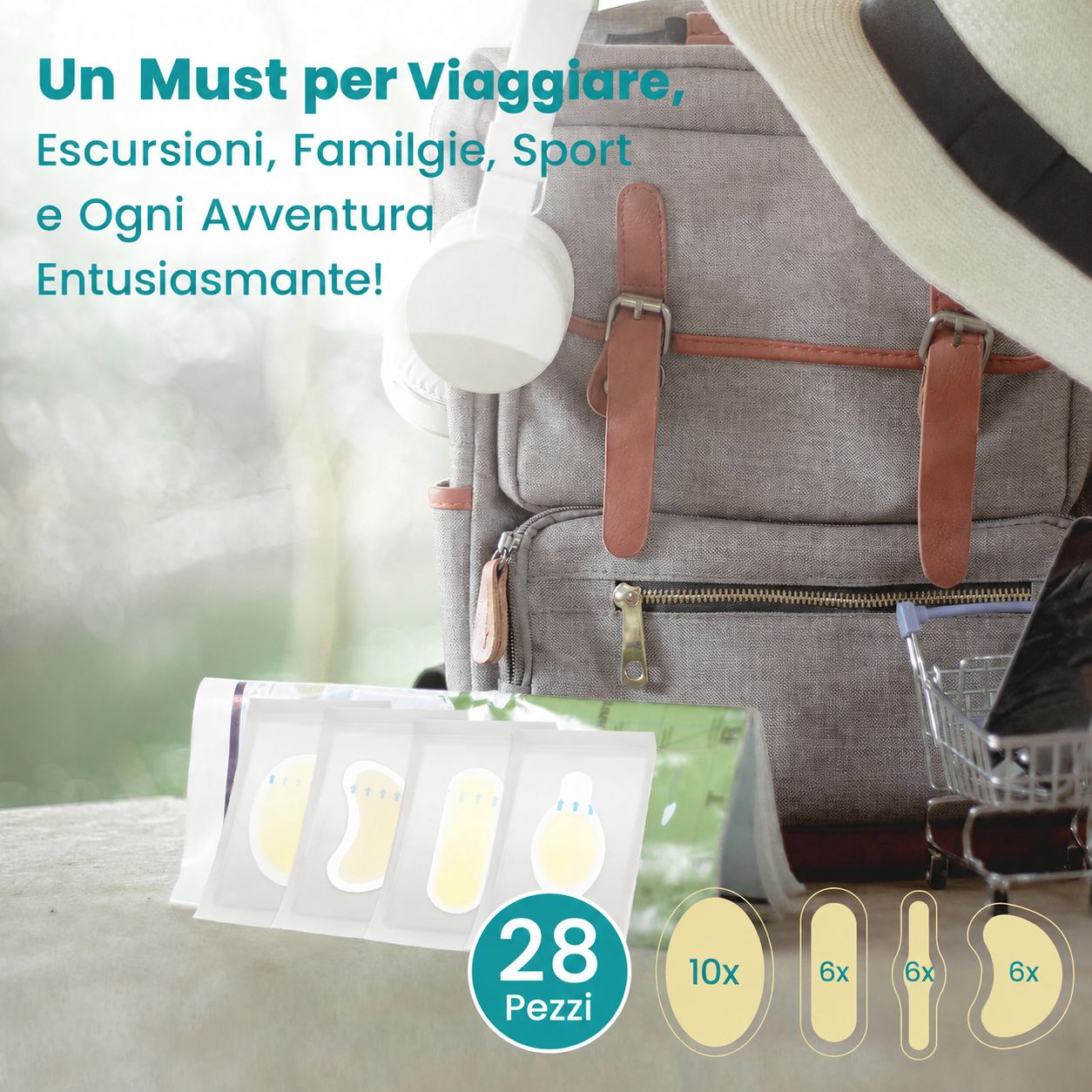 Confezione da 28 cerotti per vesciche. Varie forme. Adatto per viaggi, sport e avventure. Su uno zaino.