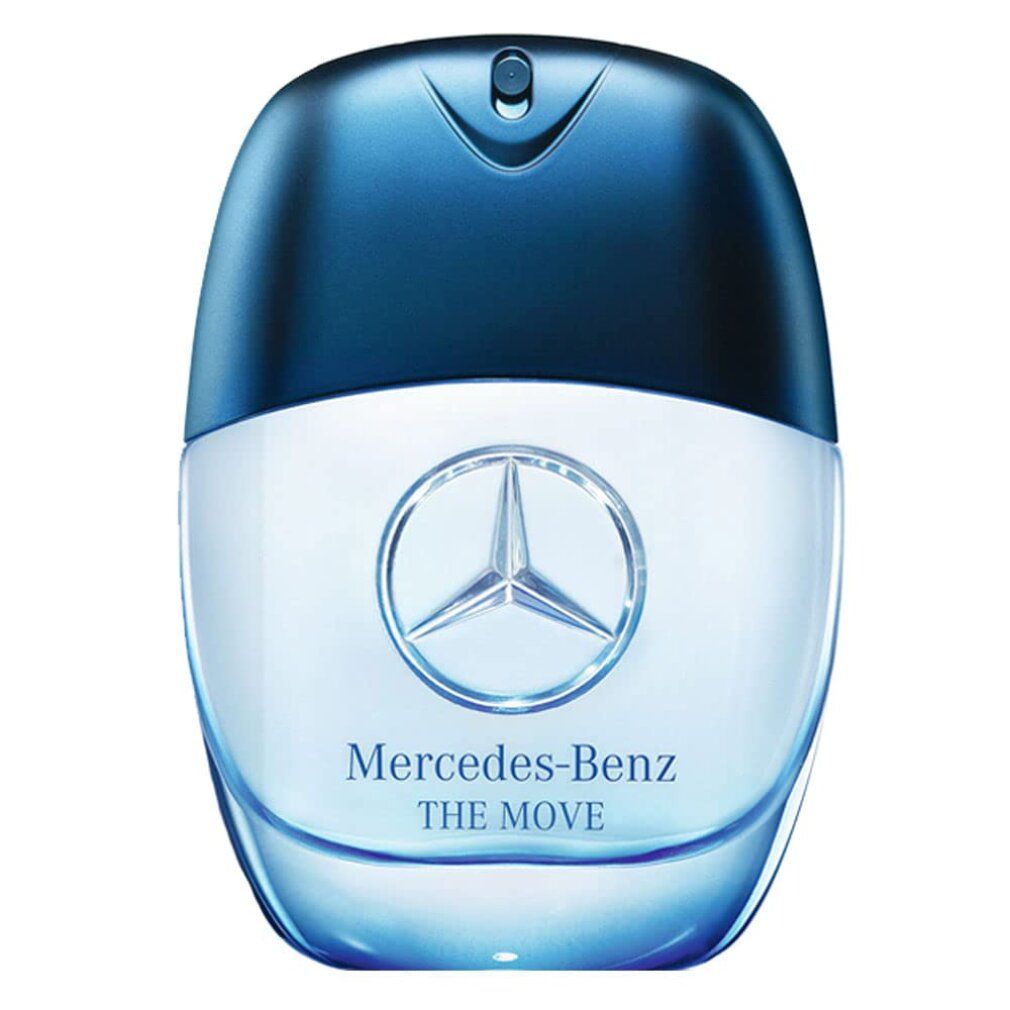 Flacone Mercedes-Benz The Move Eau de Toilette, blu e bianco, con logo a stella.