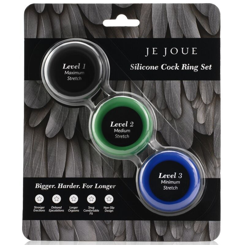 Confezione di tre anelli in silicone Je Joue neri, verdi e blu.