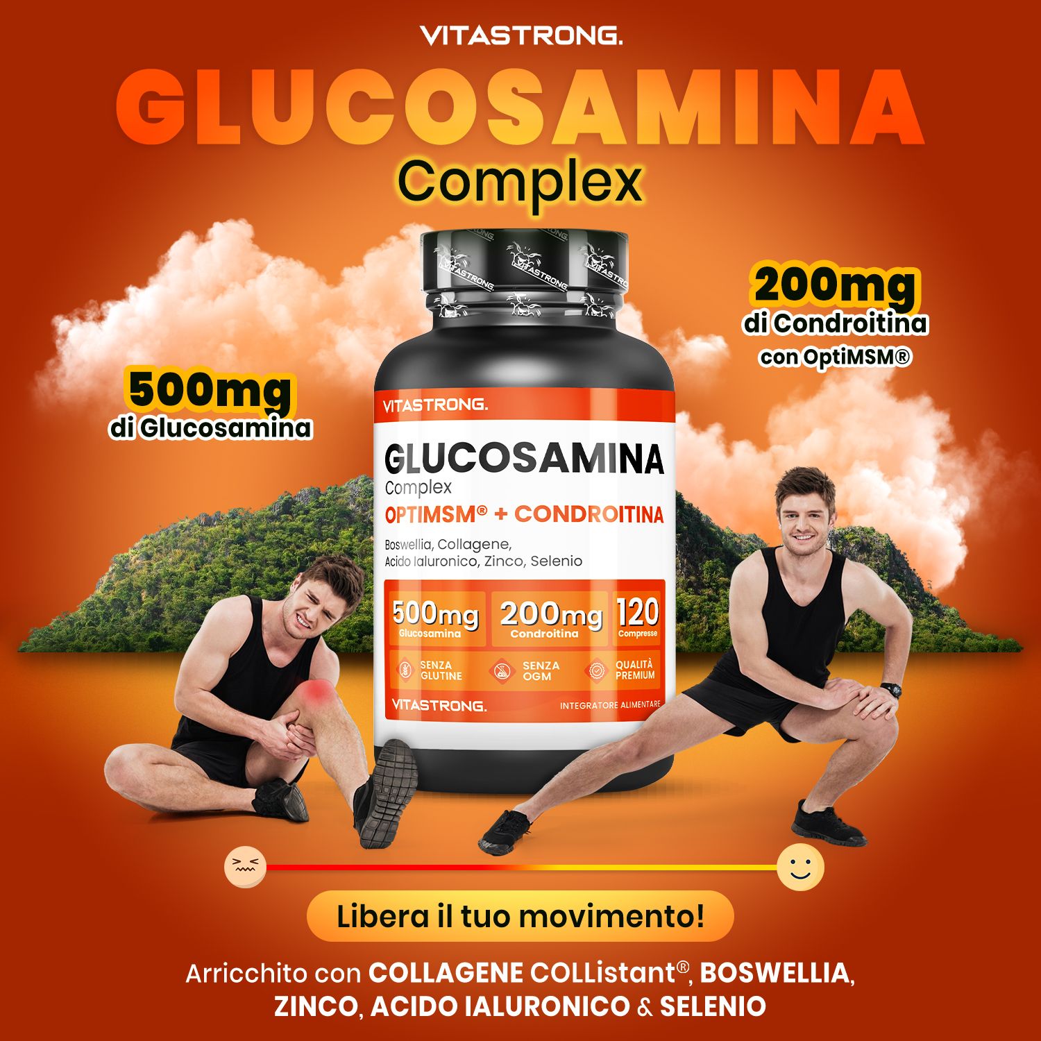 Pubblicità per Vitastrong Glucosamine Complex. Bottiglia davanti agli atleti. Testo: Libera i tuoi movimenti!