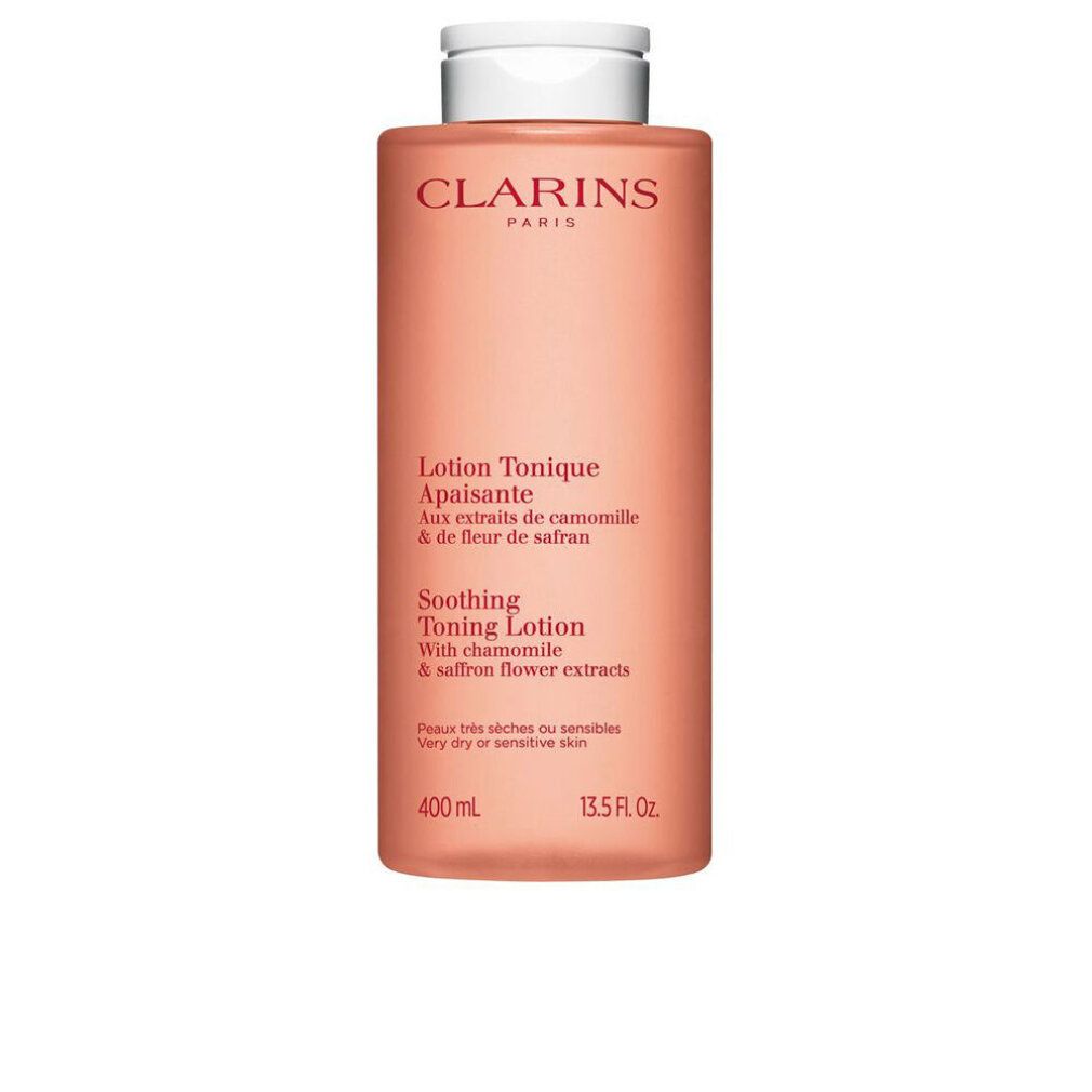 Flacone rosa con tappo bianco. Scritta: CLARINS PARIS. Testo: Lotion Tonique Apaisante. Con camomilla e fiori di zafferano. 400 ml.
