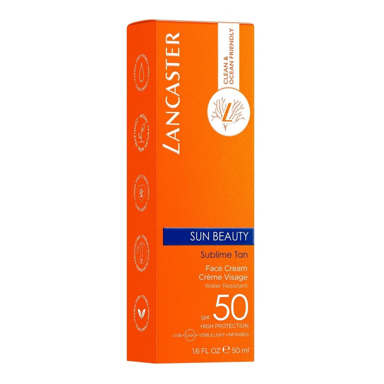 Confezione arancione di crema solare. Testo: Lancaster, Sun Beauty, SPF 50, Clean & Ocean Friendly.