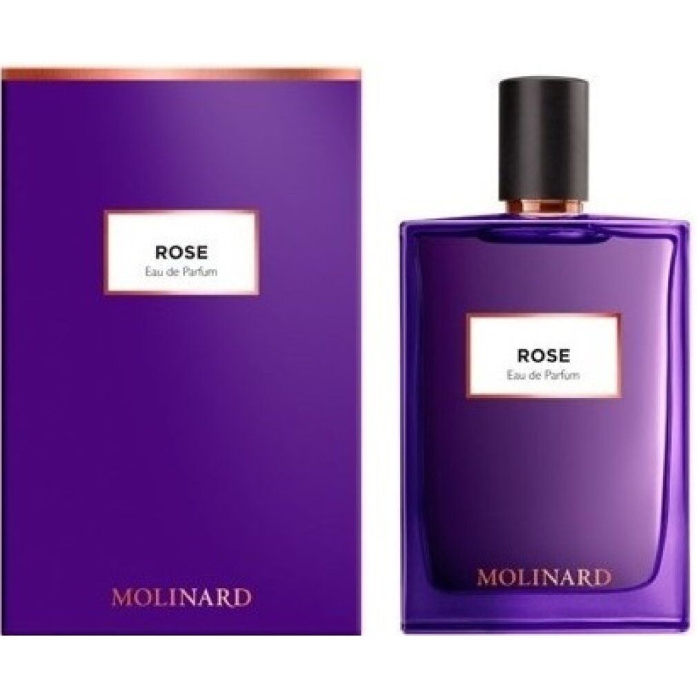 Flacone e confezione viola. Scritta ROSE, Eau de Parfum e MOLINARD. Tappo nero.