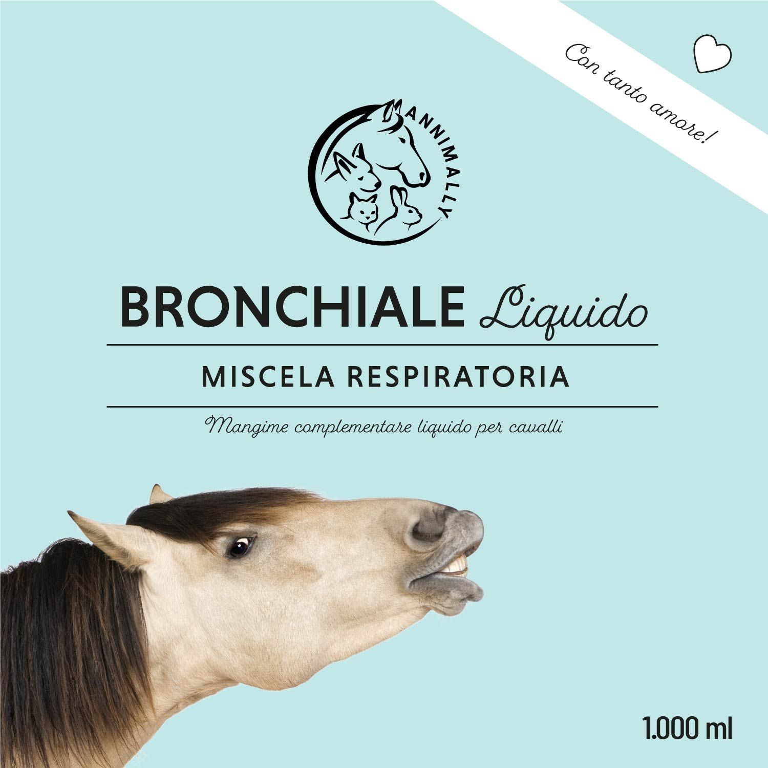 Bottiglia di Annimally Bronchiale Liquido. Scritta: Bronchiale Liquido, miscela respiratoria. 1.000 ml.