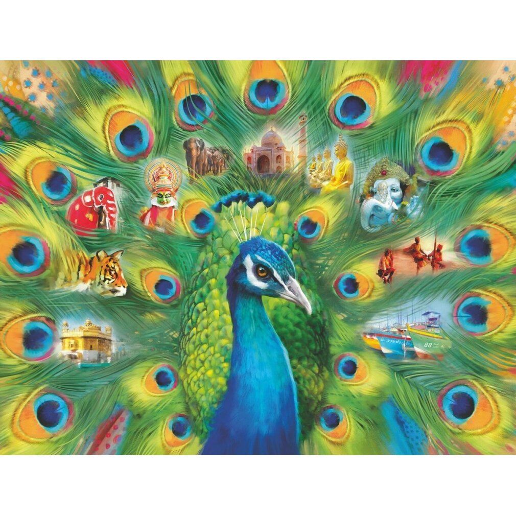 Puzzle con motivo di piume di pavone. Il pavone è al centro, circondato da piume colorate. Varie immagini sono visibili nelle piume.