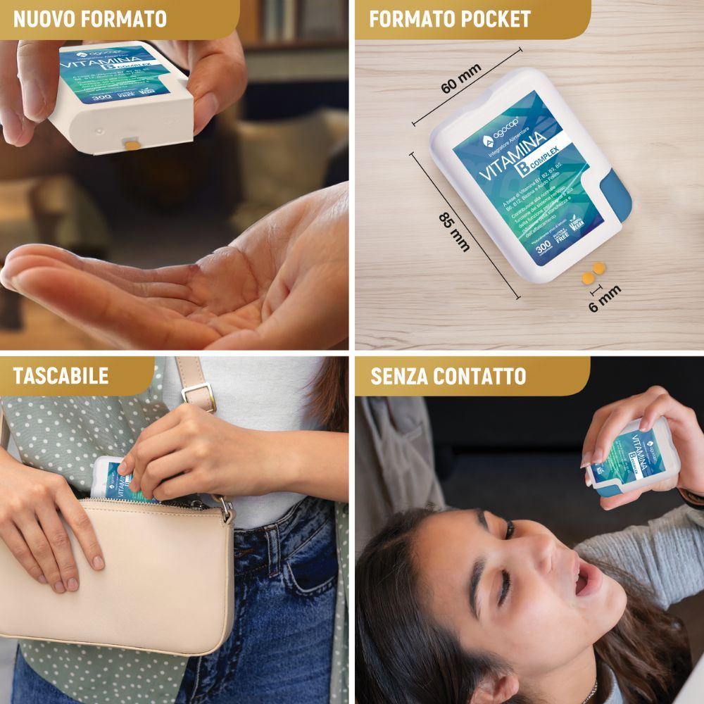 Confezione di Vitamina B Complex. Formato pocket. Marchio Agocap. Dimensioni: 60x85x6 mm.
