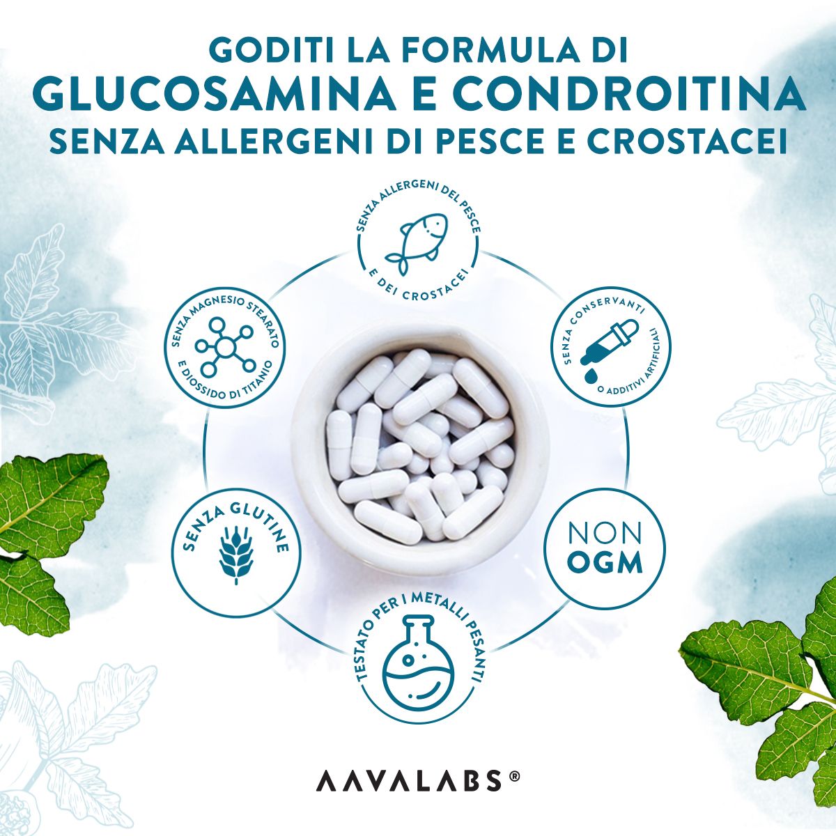 Retro di un flacone di capsule Aavalabs Glucosamina HCL & Condroitina Complex. Etichette multilingue.