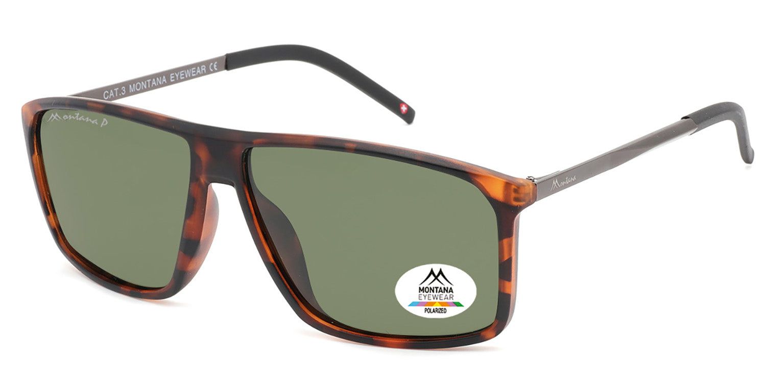 Occhiali da sole con montatura marrone e lenti verdi. Logo Montana Eyewear e adesivo Polarized. Forma rettangolare.