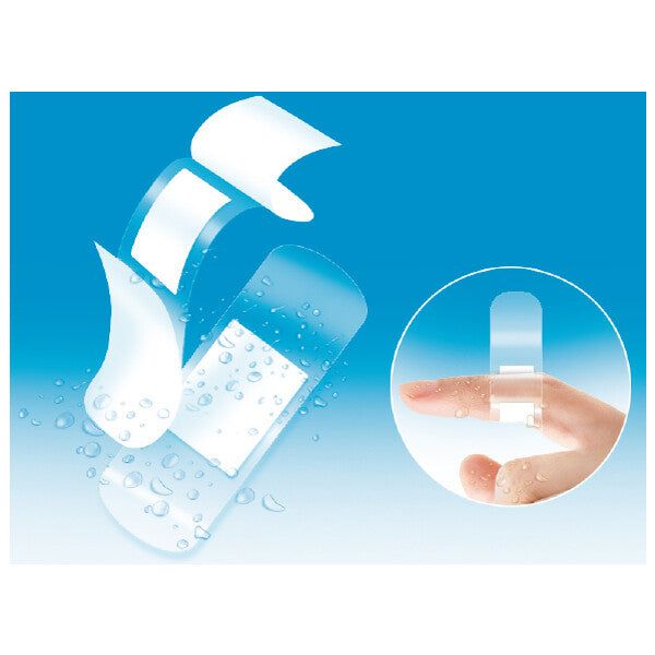 Cerotti trasparenti su sfondo blu. Un cerotto viene applicato su un dito. Gocce d'acqua.