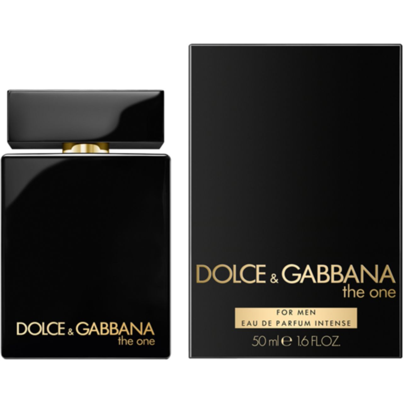 Flacone e confezione neri. Scritta dorata: Dolce & Gabbana The One. Per uomo. Eau de Parfum Intense.