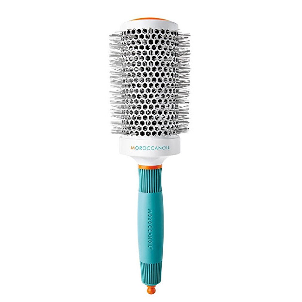 Spazzola rotonda con cilindro bianco perforato, setole argentate e manico blu. Dettagli arancioni. Logo Moroccanoil.