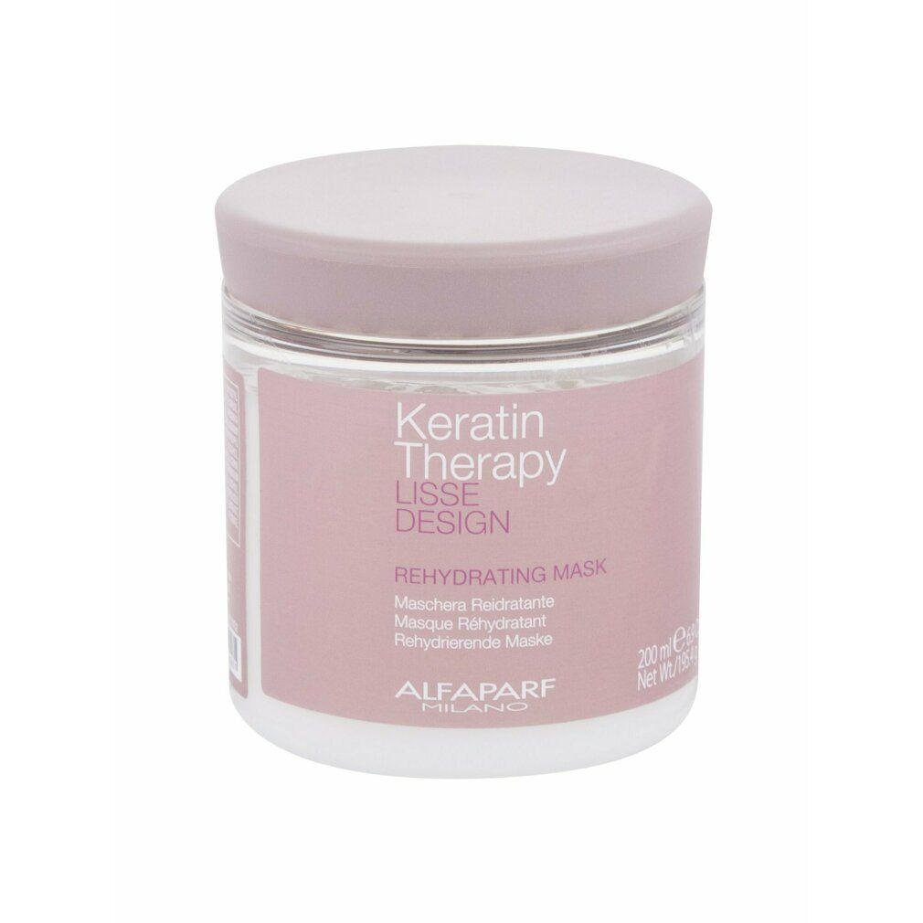 Barattolo rotondo con coperchio. Scritta: Keratin Therapy LISSE DESIGN REHYDRATING MASK. Marchio: Alfaparf Milano. Contenuto: 200 ml.