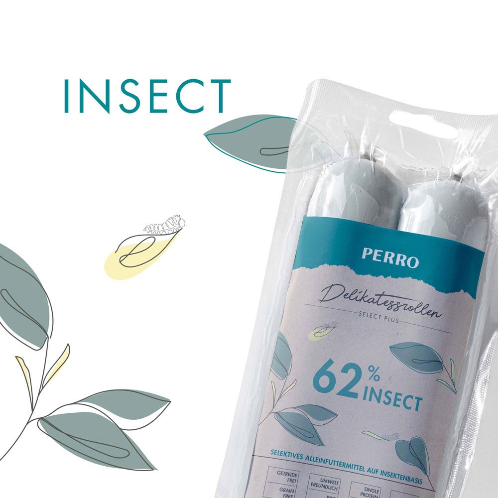 Confezione con due salsicce. Scritta: PERRO Delikatessrolle SELECT PLUS, 62% INSECT. Illustrazioni e testo.