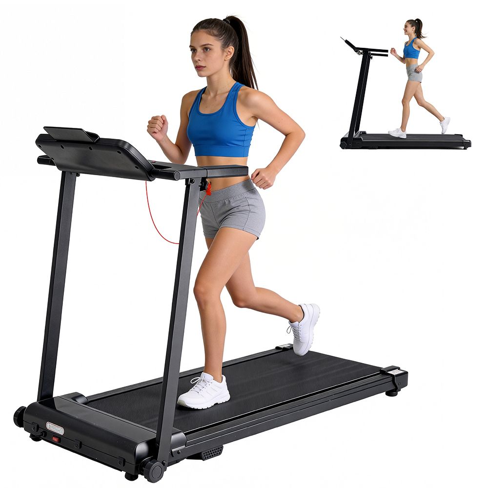 Donna che corre su un tapis roulant nero. Piccola immagine: donna sul tapis roulant. Smartphone con display dell'app.