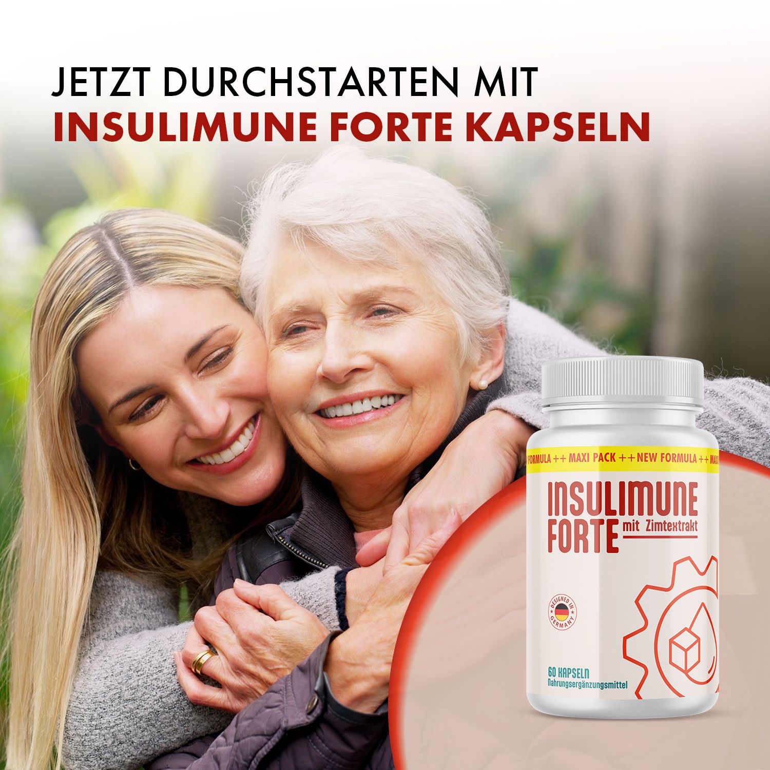 Donna che abbraccia una donna anziana. Accanto, un flacone di capsule bianco con testo rosso e giallo. Scritta: INSULIMUNE FORTE con estratto di cannella. 60 capsule.