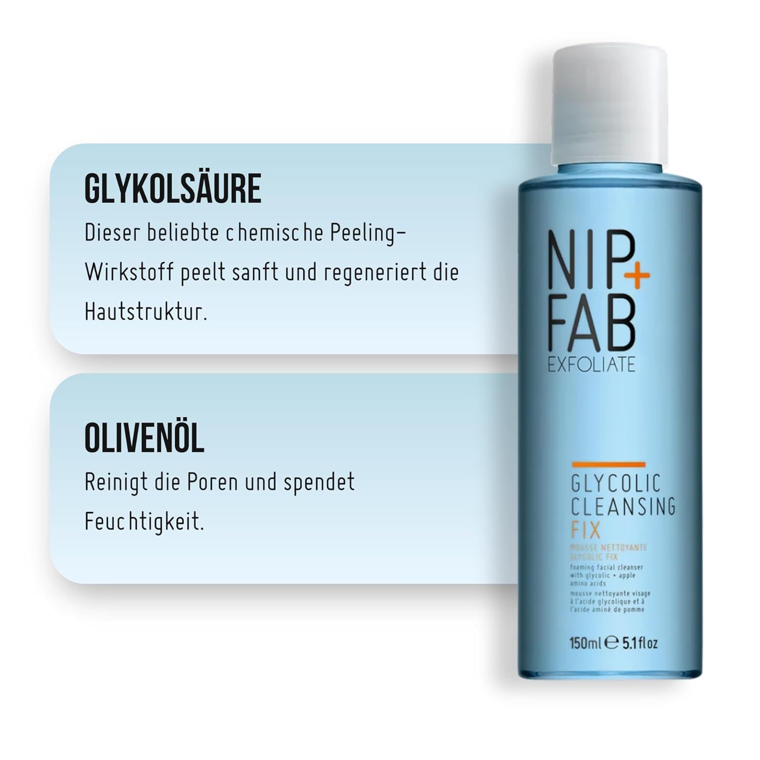 Nip+Fab Glycolic Fix Cleanser. Bottiglia blu, informazioni sul prodotto. Informazioni su acido glicolico e olio d'oliva.