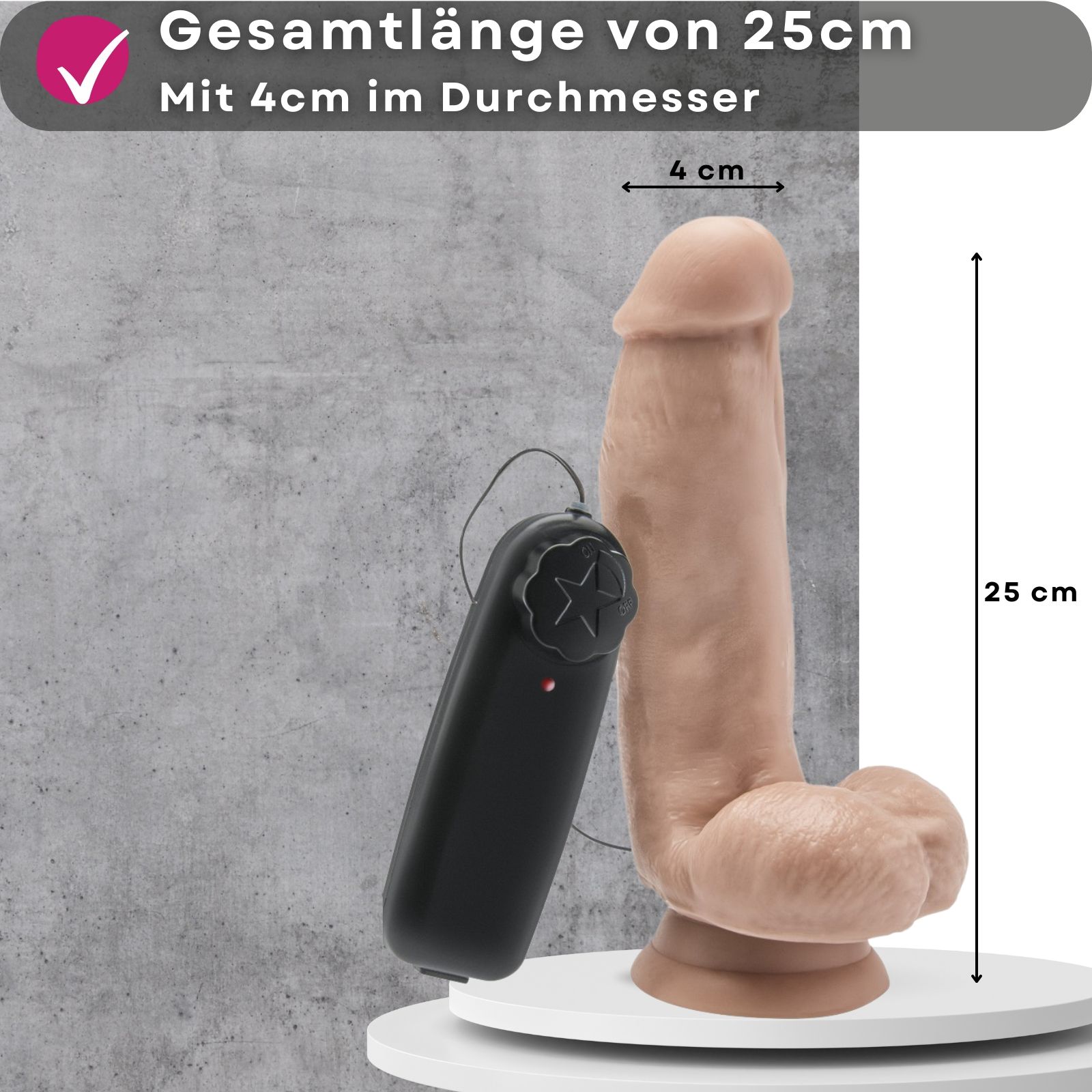 Dildo con testo: 25 cm di lunghezza, 4 cm di diametro. Controller vibrazioni nero.