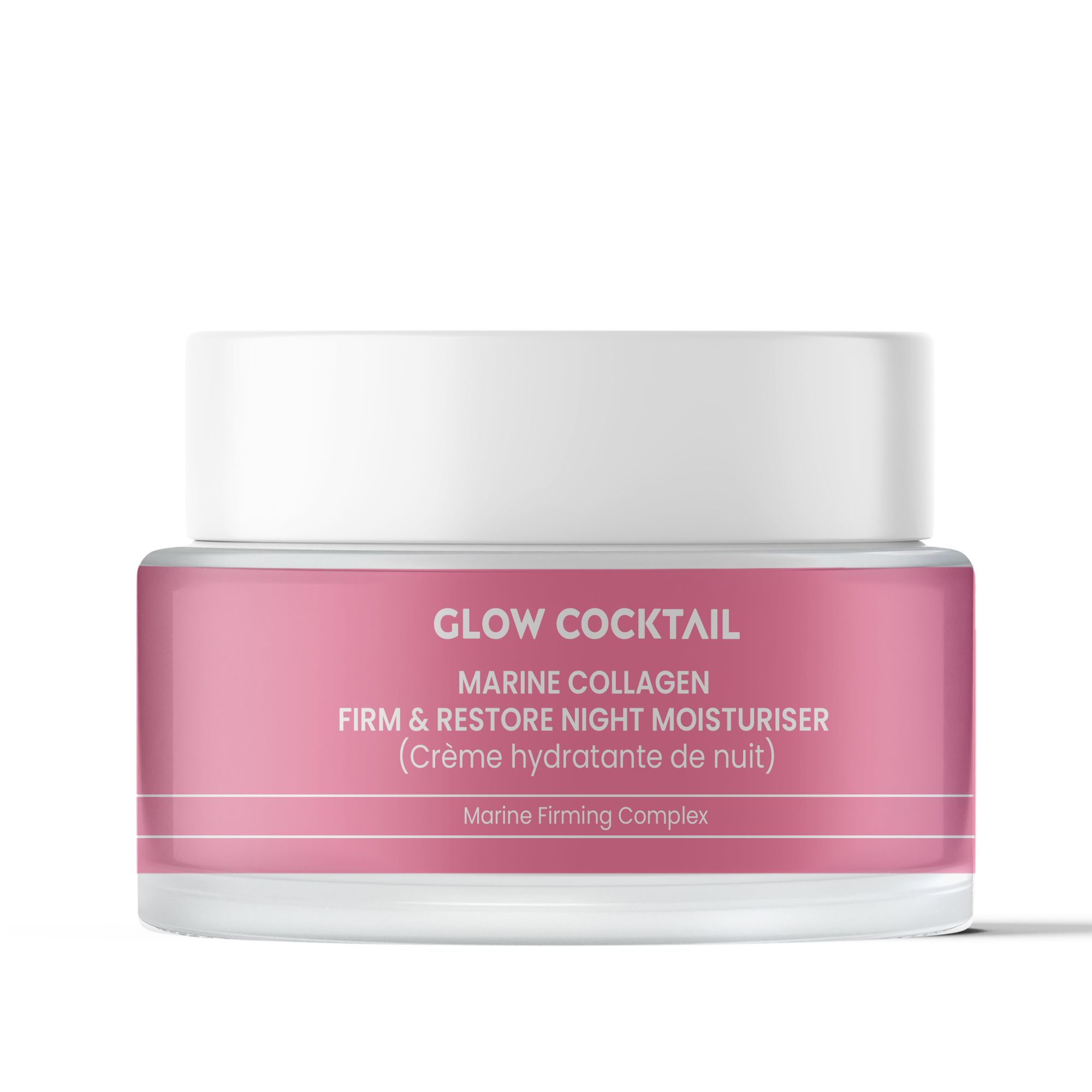 Vaso di crema rosa. Scritta: Glow Cocktail, Marine Collagen Firm & Restore Night Moisturiser. Con coperchio bianco.