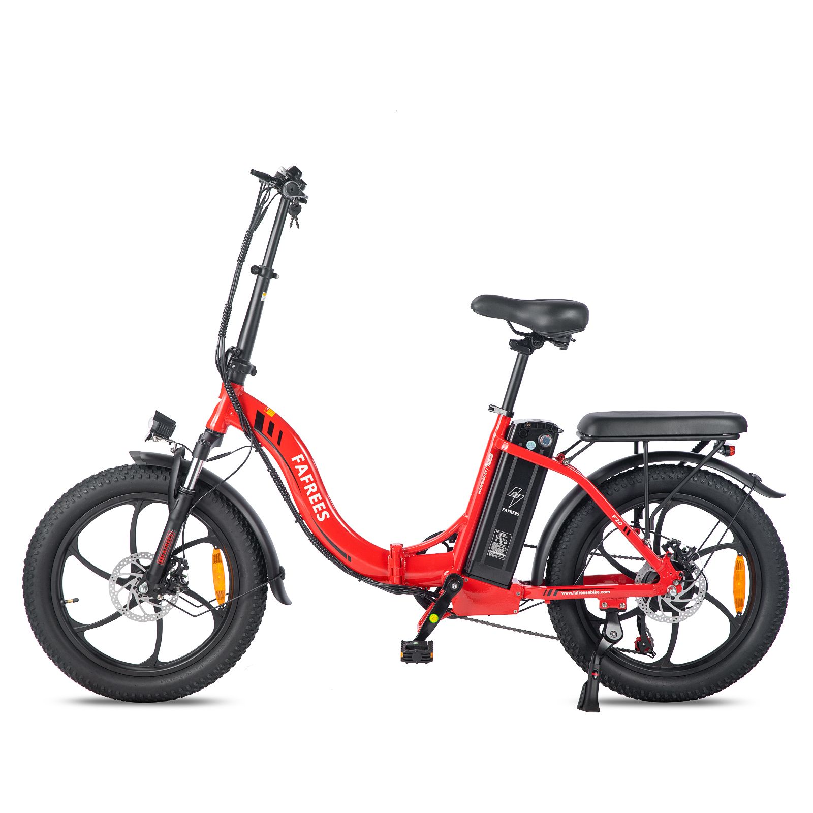 Bicicletta elettrica pieghevole FAFREES F20 rossa. Pneumatici, sella e portapacchi neri. Batteria sul telaio. Luci e parafanghi.