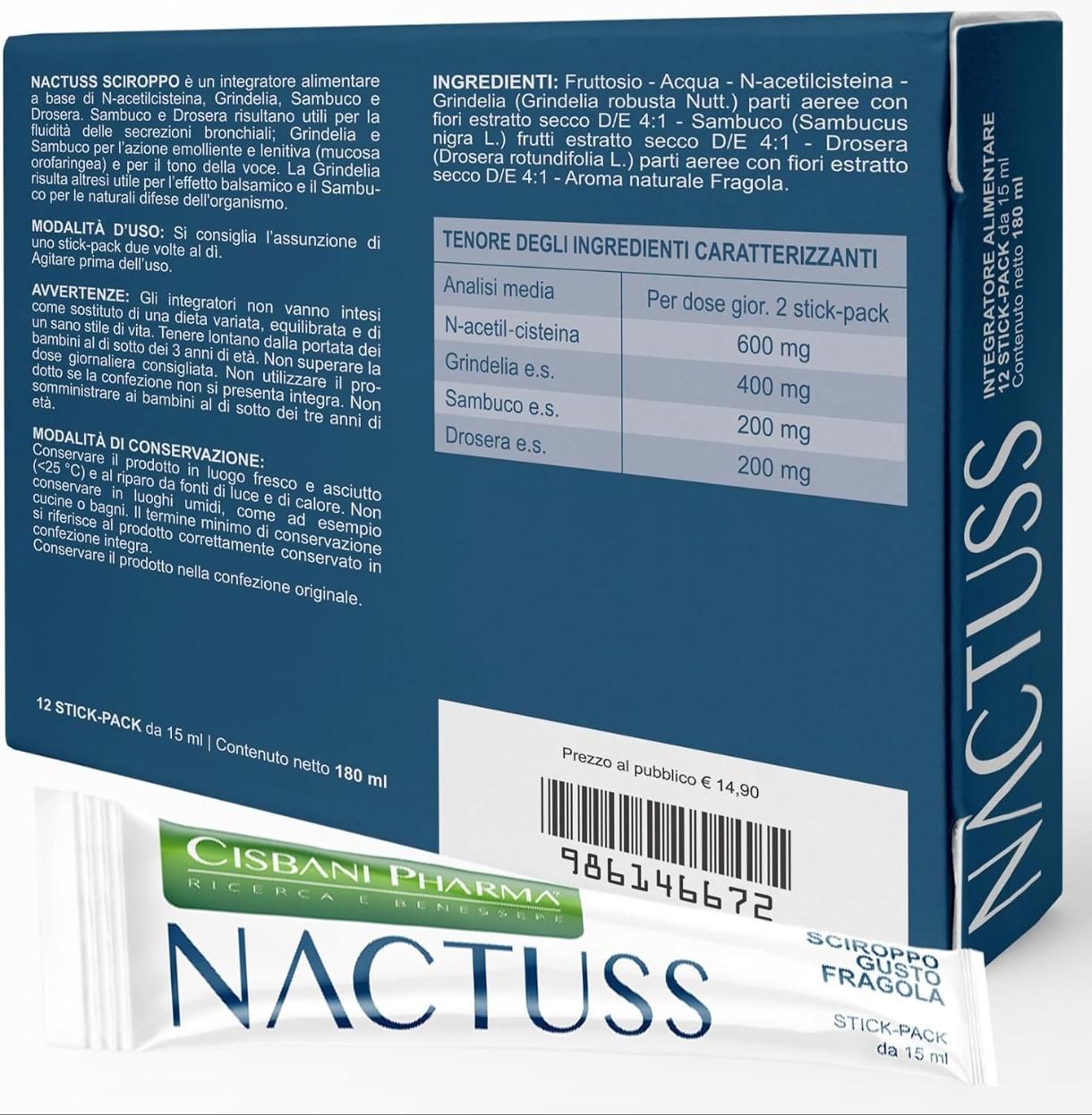 Scatola Nactuss e stick pack. Testo: 12 Stick-Pack da 15 ml. Cisbani Pharma. Elenco ingredienti e tabella nutrizionale.