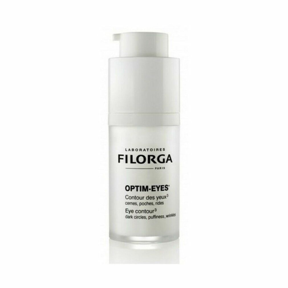 Flacone bianco Filorga Optim-Eyes. Testo: Optim-Eyes, Contour des yeux, Eye contour, occhiaie, borse, rughe. Con erogatore a pompa.