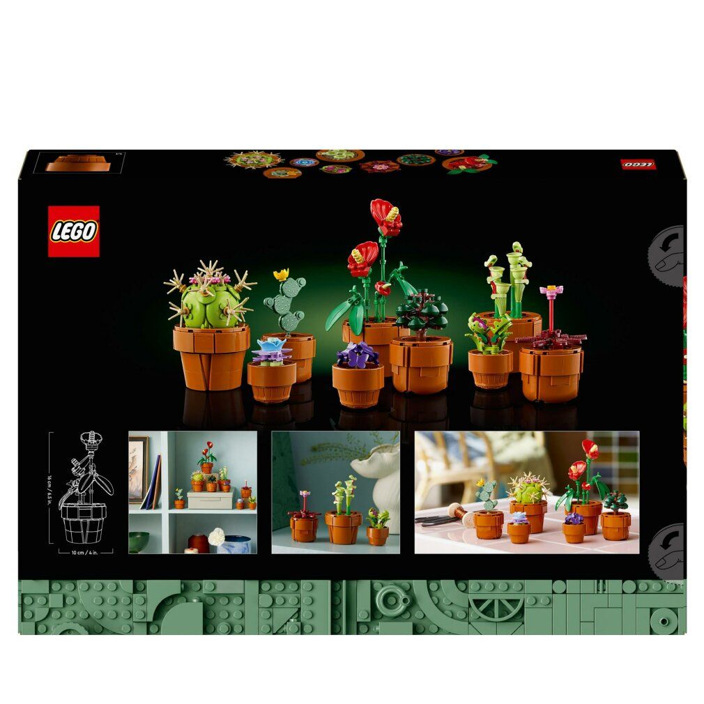 Set LEGO Icons. Retro della scatola con piante in vaso. Logo, scritta "Botanical Collection Tiny Plants". Illustrazioni.