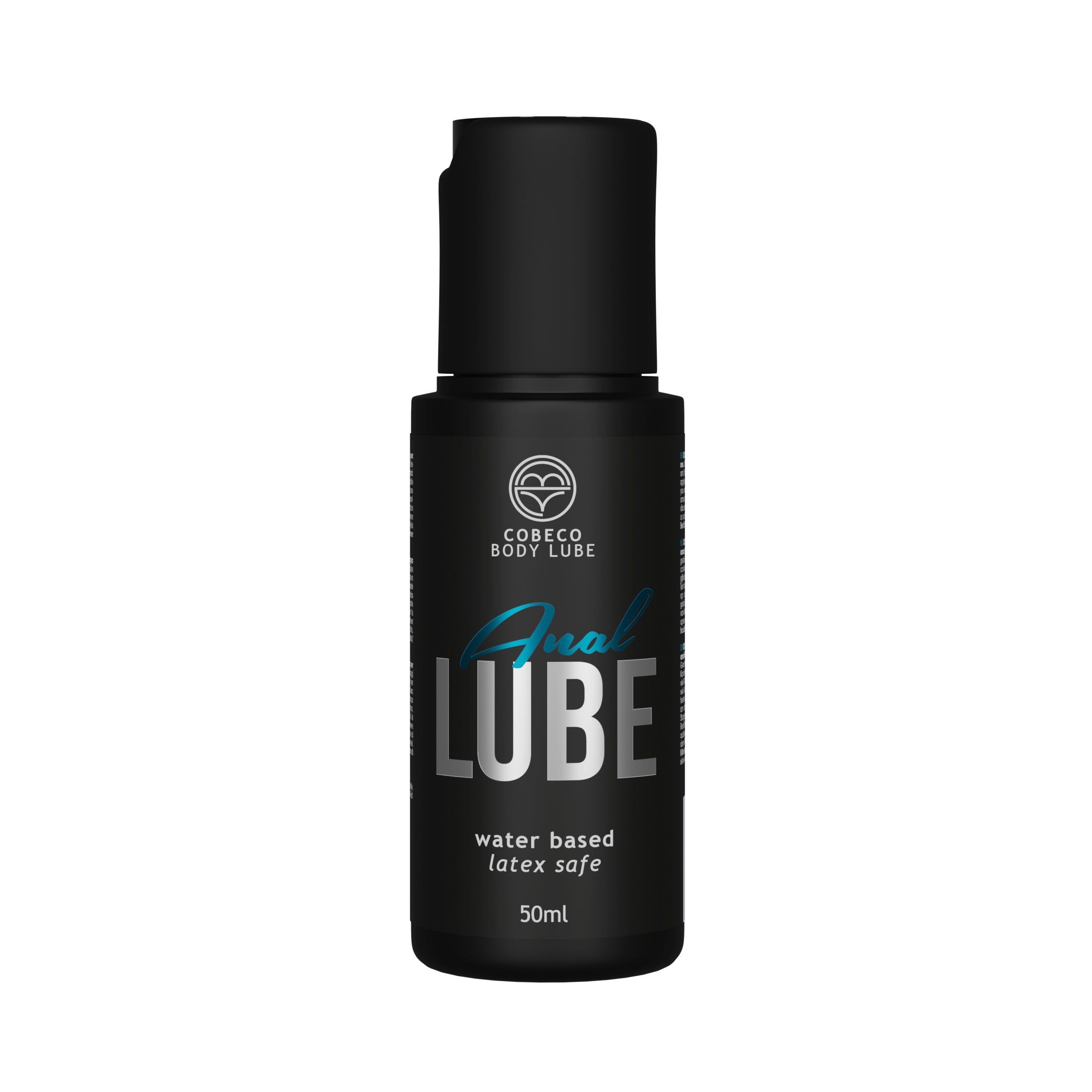 Flacone nero con tappo nero. Scritta: Anal Lube, water based, latex safe. Marchio: Cobeco Body Lube.