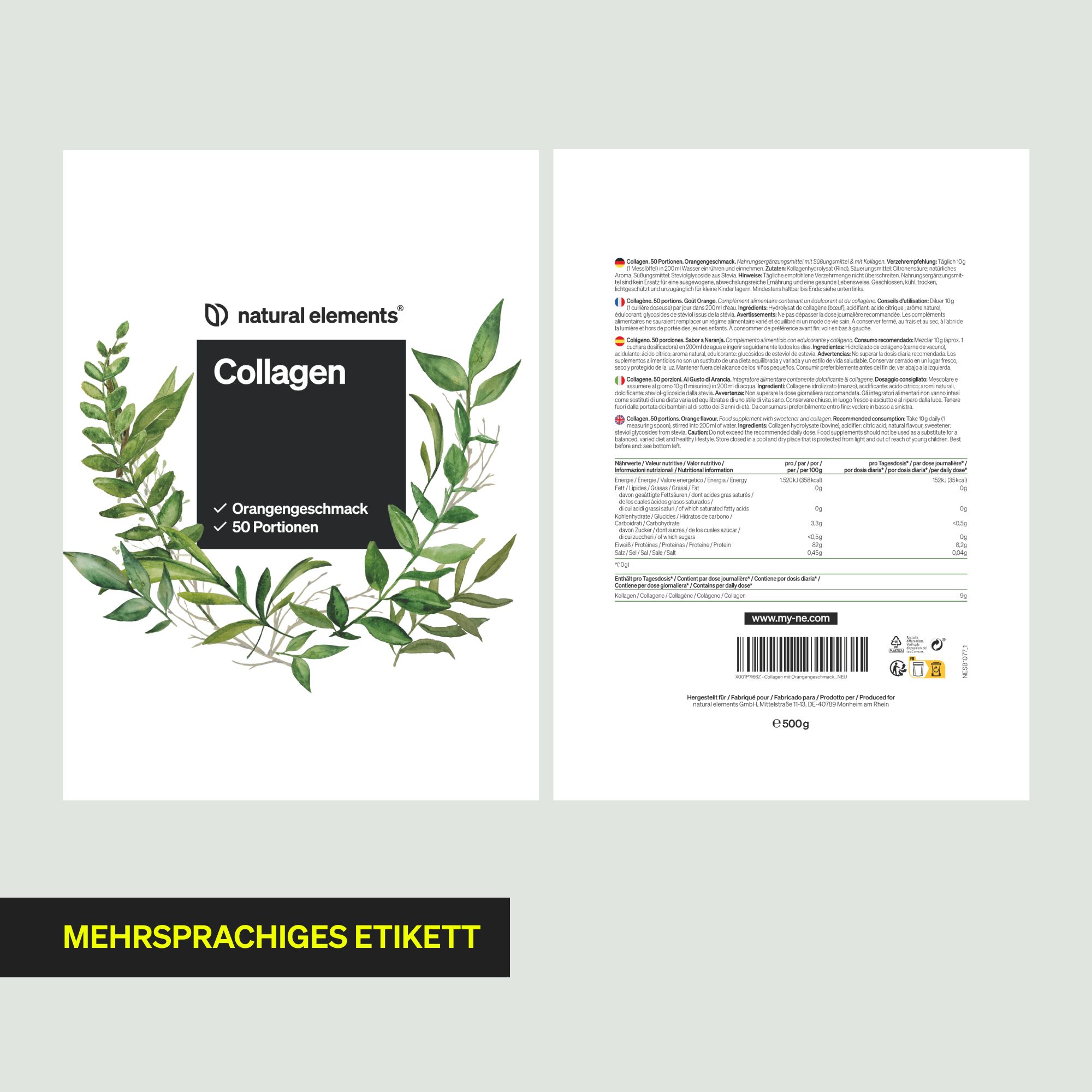 Etichetta con "natural elements" e "Collagen". Testo multilingue. Retro con informazioni nutrizionali e ingredienti.