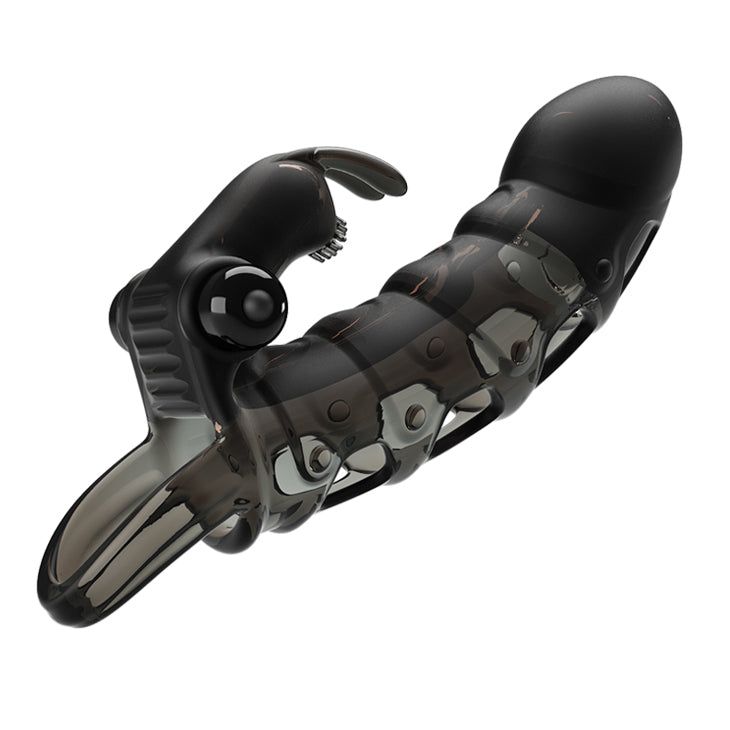 Prolunga peniena nera con stimolazione integrata. Elementi trasparenti. Progettata per comfort e stimolazione.