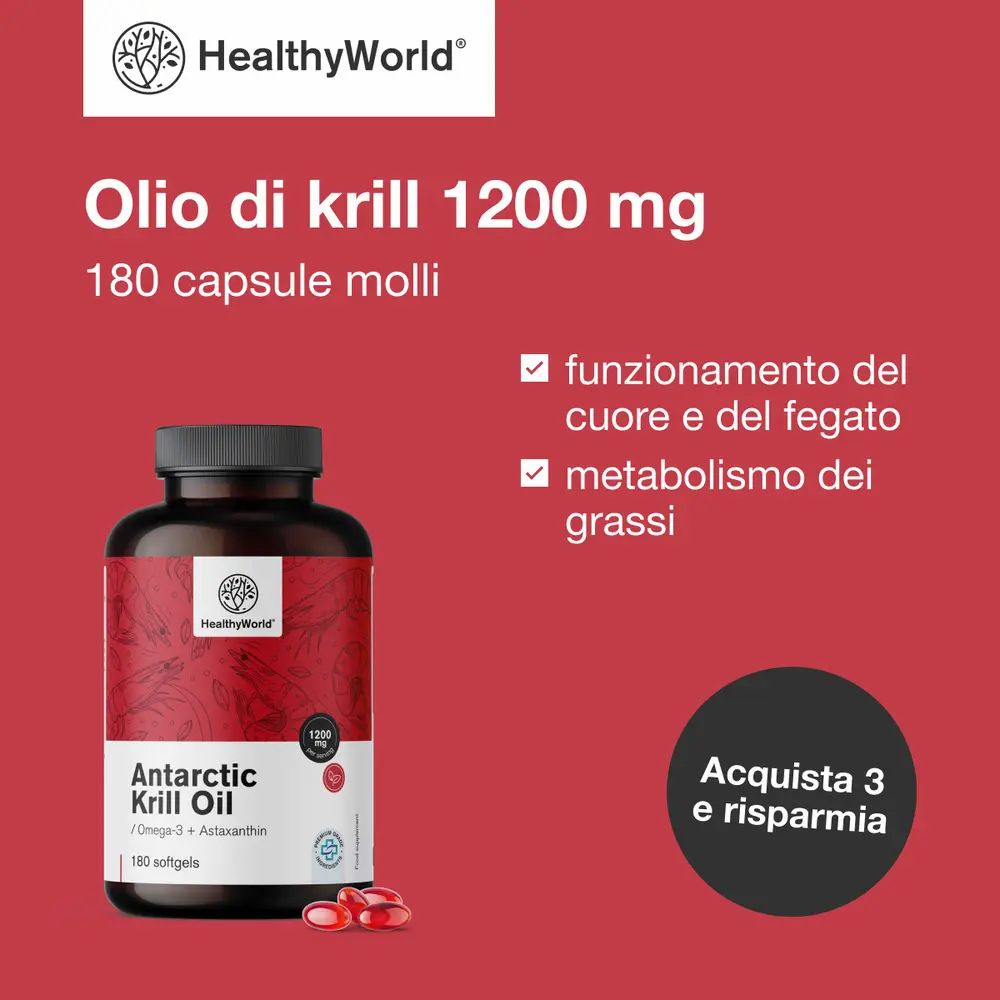 Sfondo rosso. Testo: Olio di krill 1200 mg, 180 capsule molli. Logo: HealthyWorld. Cuore in mano.