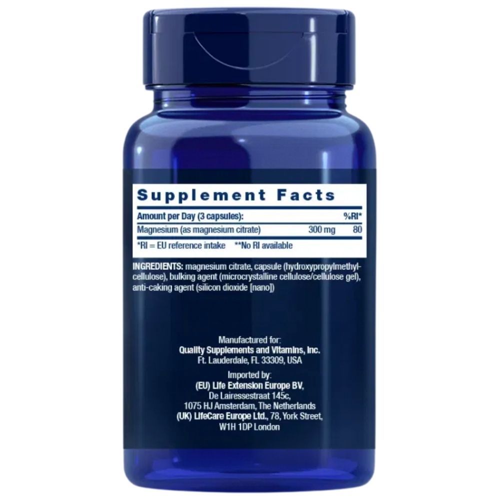 Retro di un flacone blu Life Extension Magnesio (Citrato) 100 mg. Mostra informazioni nutrizionali e ingredienti.