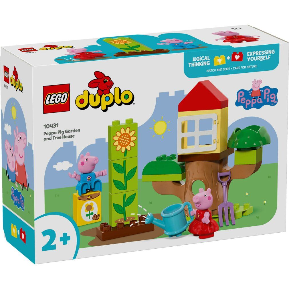 Set LEGO Duplo. Include personaggi di Peppa Pig, casa sull'albero, fiori, annaffiatoio e accessori. Confezione con immagine.