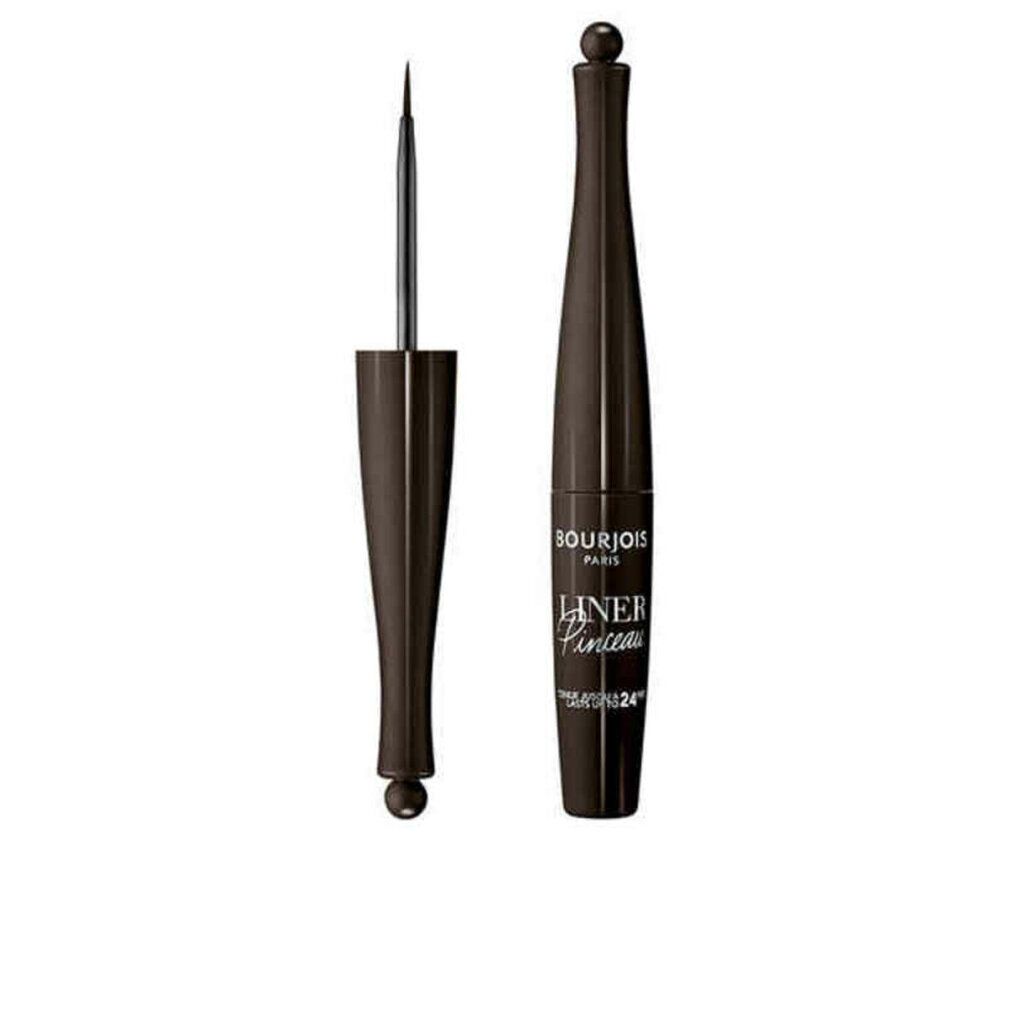 Eyeliner marrone con pennello. Flacone con scritta: Bourjois, Liner Pinceau, 24h. Pennello estratto.