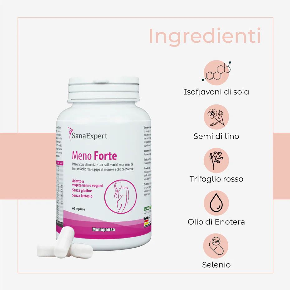 Flacone bianco SanaExpert Meno Forte con capsule e ingredienti: isoflavoni di soia, semi di lino, trifoglio rosso, olio di enotera, selenio.