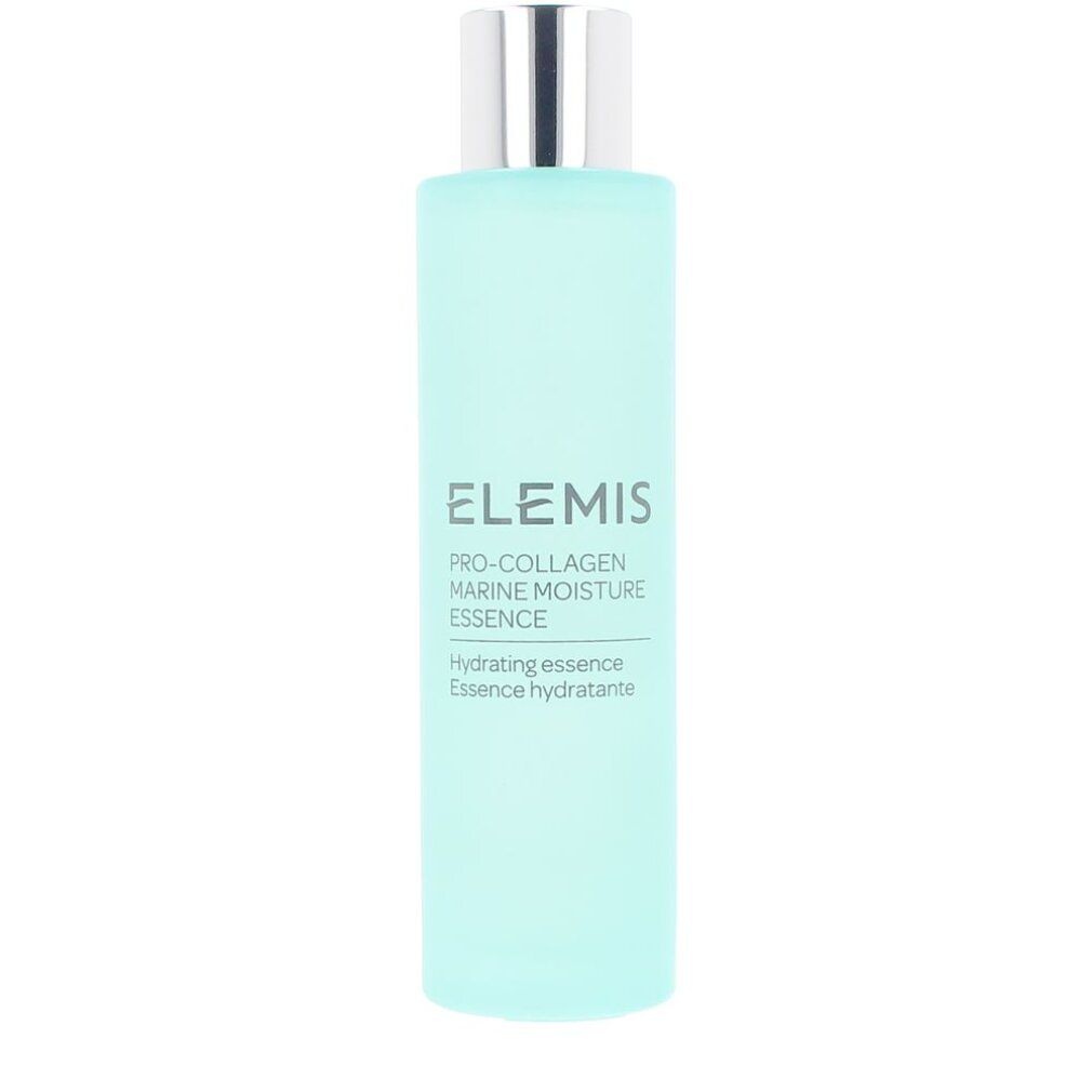 Flacone turchese con tappo argentato. Scritta: Elemis Pro-Collagen Marine Moisture Essence. Essenza idratante.