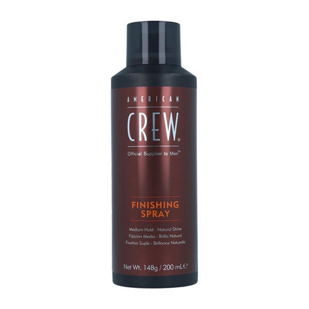 Flacone spray per capelli. Flacone marrone con tappo nero. Scritta: AMERICAN CREW, FINISHING SPRAY.