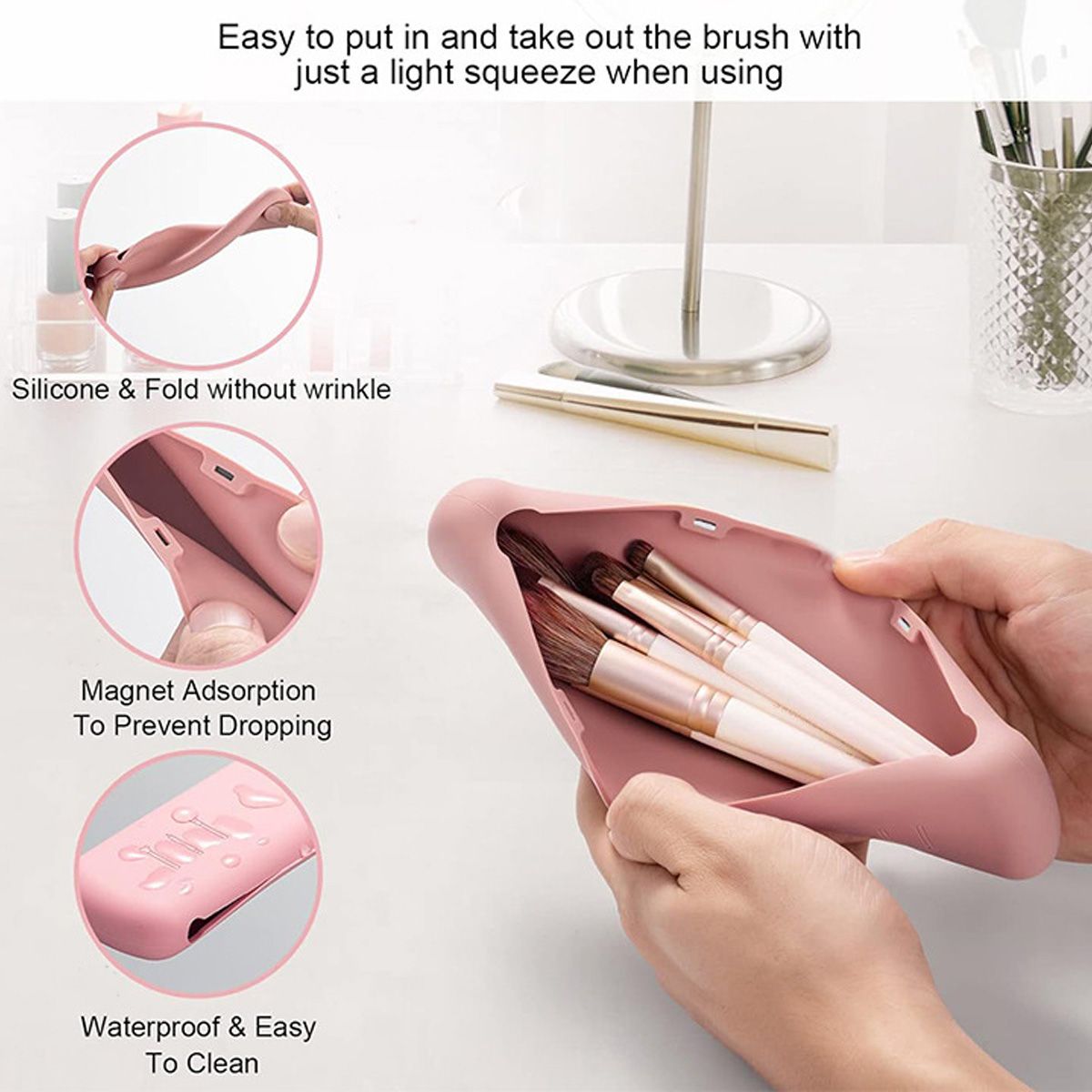 Custodia in silicone rosa per pennelli da trucco con chiusura magnetica, impermeabile e facile da pulire.