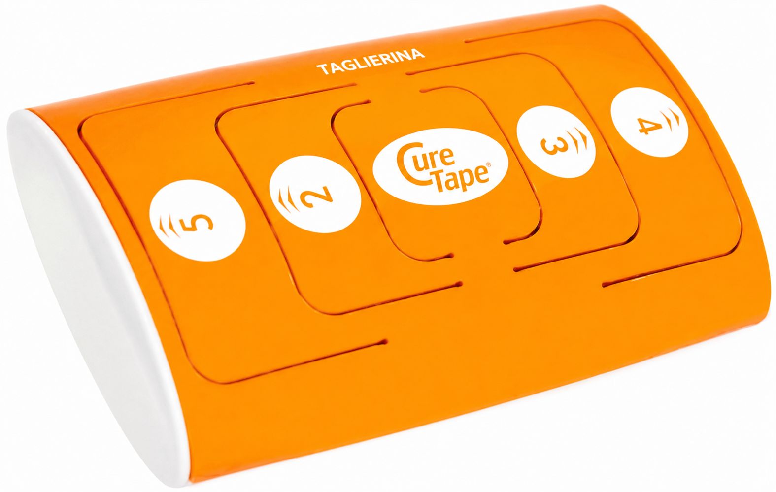 Taglierina CureTape Kinesiotape arancione con cinque fessure numerate. "TAGLIERINA" in alto.