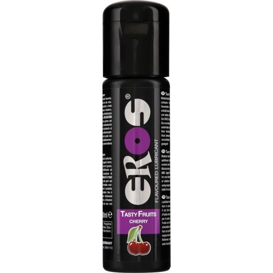 Lubrificante EROS Tasty Fruits Cherry in flacone nero con simbolo di ciliegia.